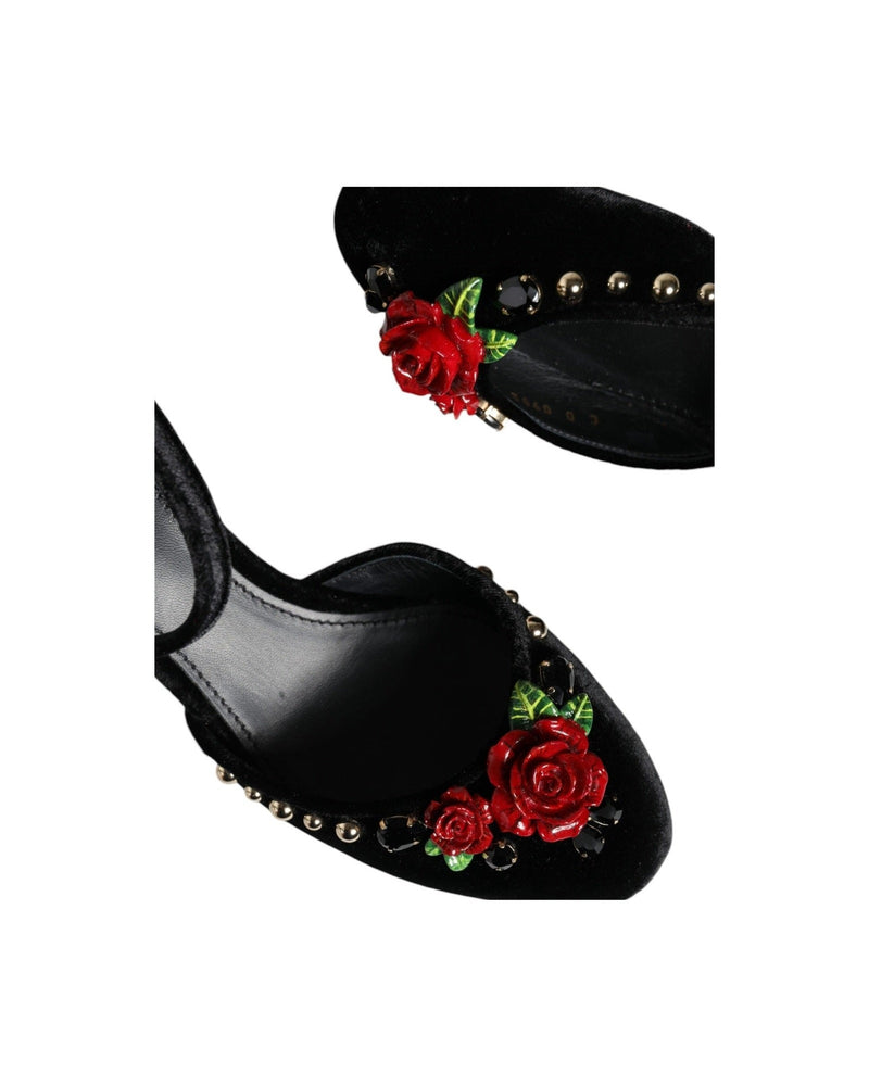 Dolce & Gabbana Black Velvet Roses Ankle Strap Pumps Shoes Heels