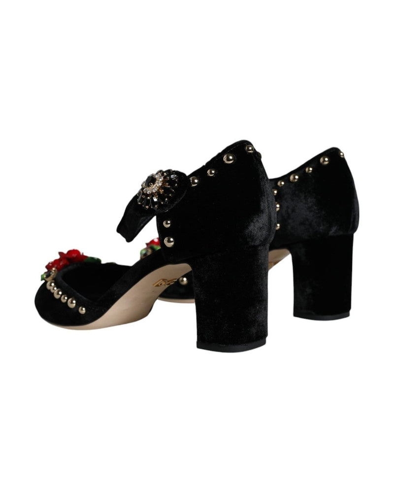 Dolce & Gabbana Black Velvet Roses Ankle Strap Pumps Shoes Glam Steals