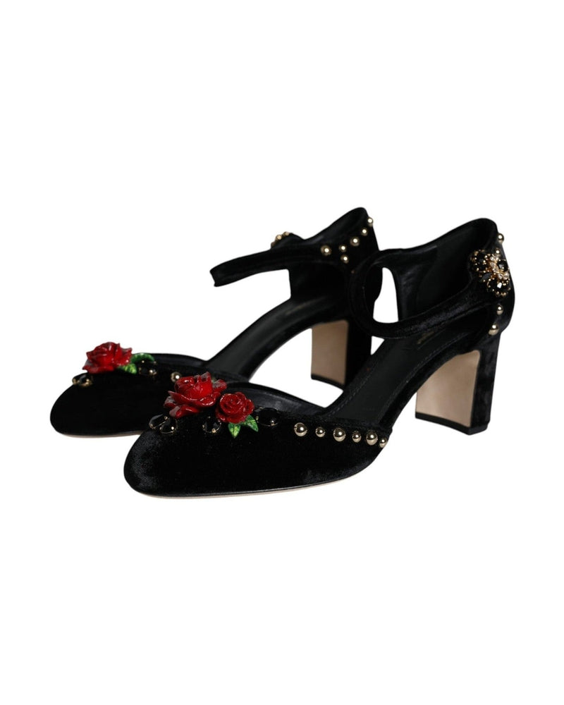 Dolce & Gabbana Black Velvet Roses Ankle Strap Pumps Shoes Glam Steals