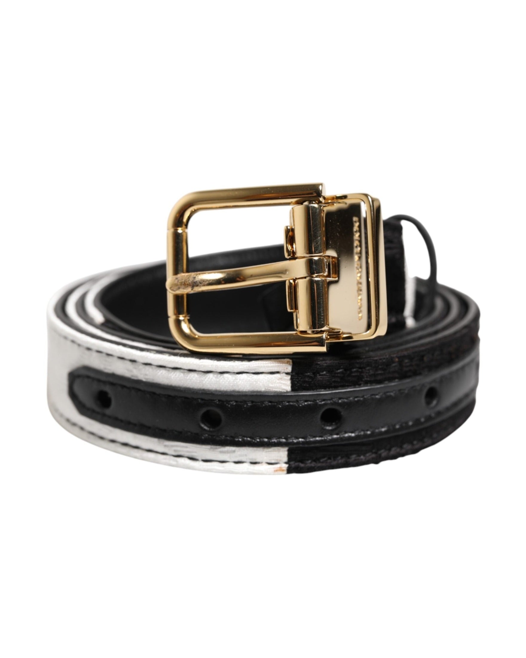 Dolce & Gabbana Black White Patchwork Gold Metal Buckle Belt Glam Steals