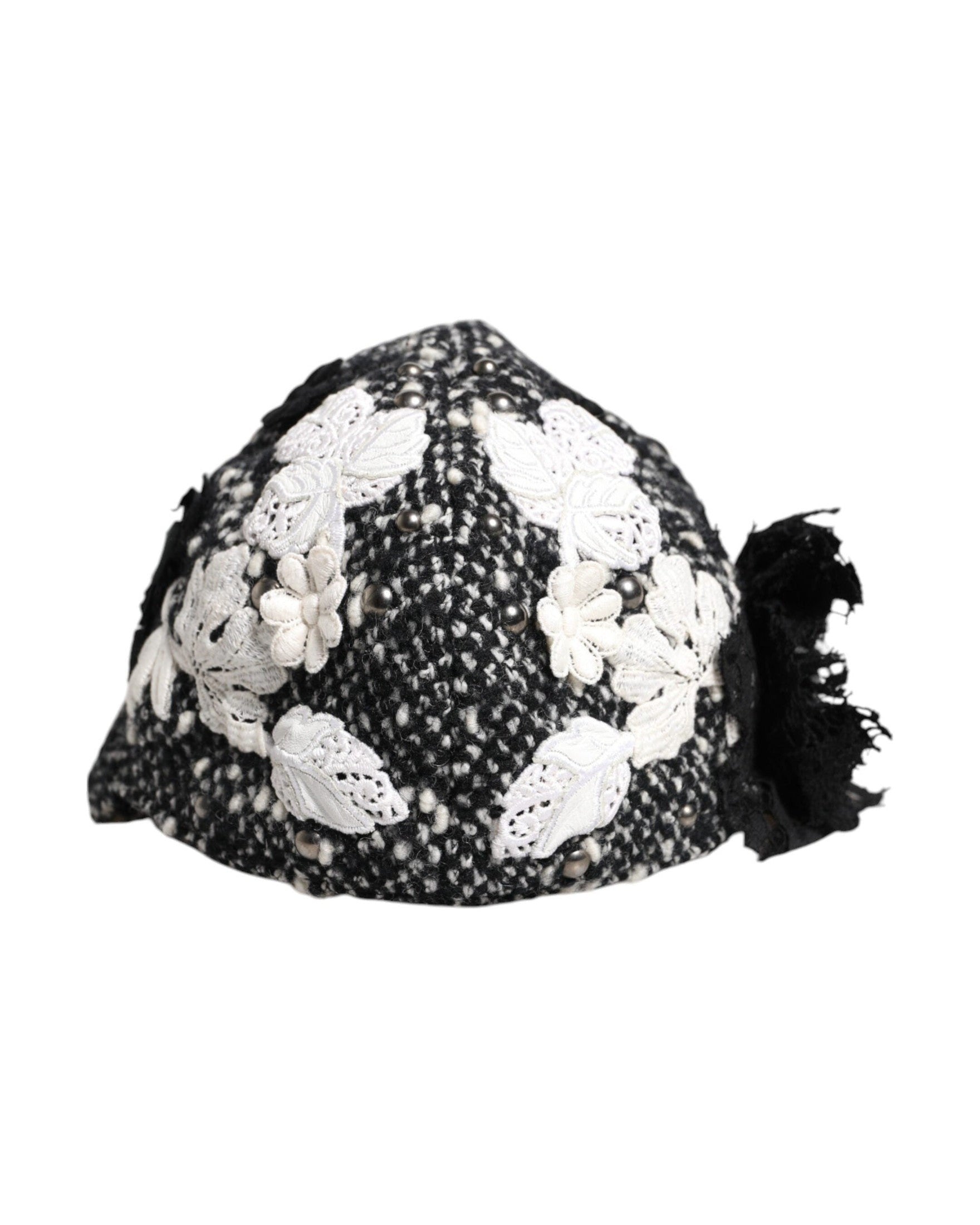 Dolce & Gabbana Black Wool White Floral Embellished Cloche Hat Glam Steals