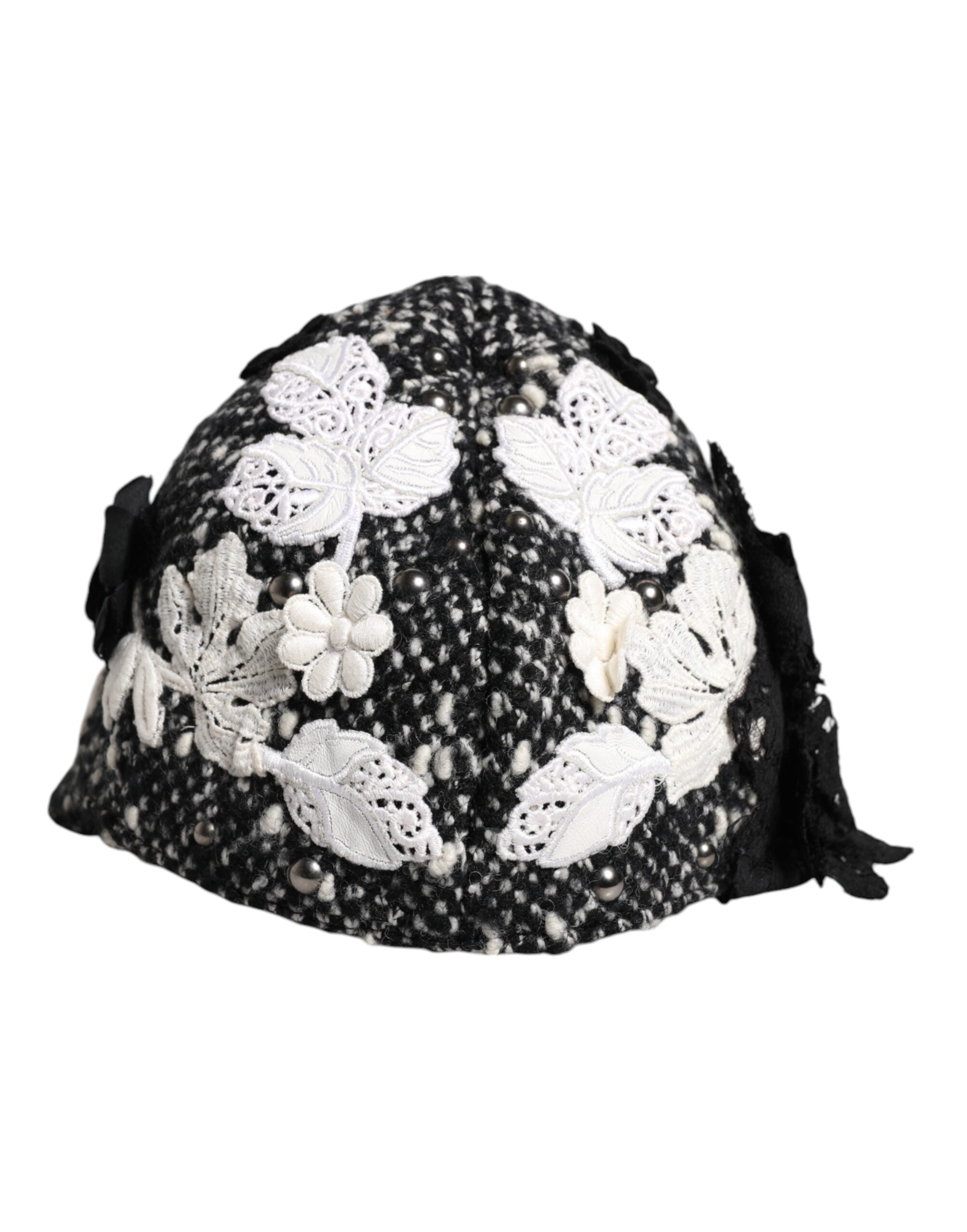 Dolce & Gabbana Black Wool White Floral Embellished Cloche Hat Glam Steals