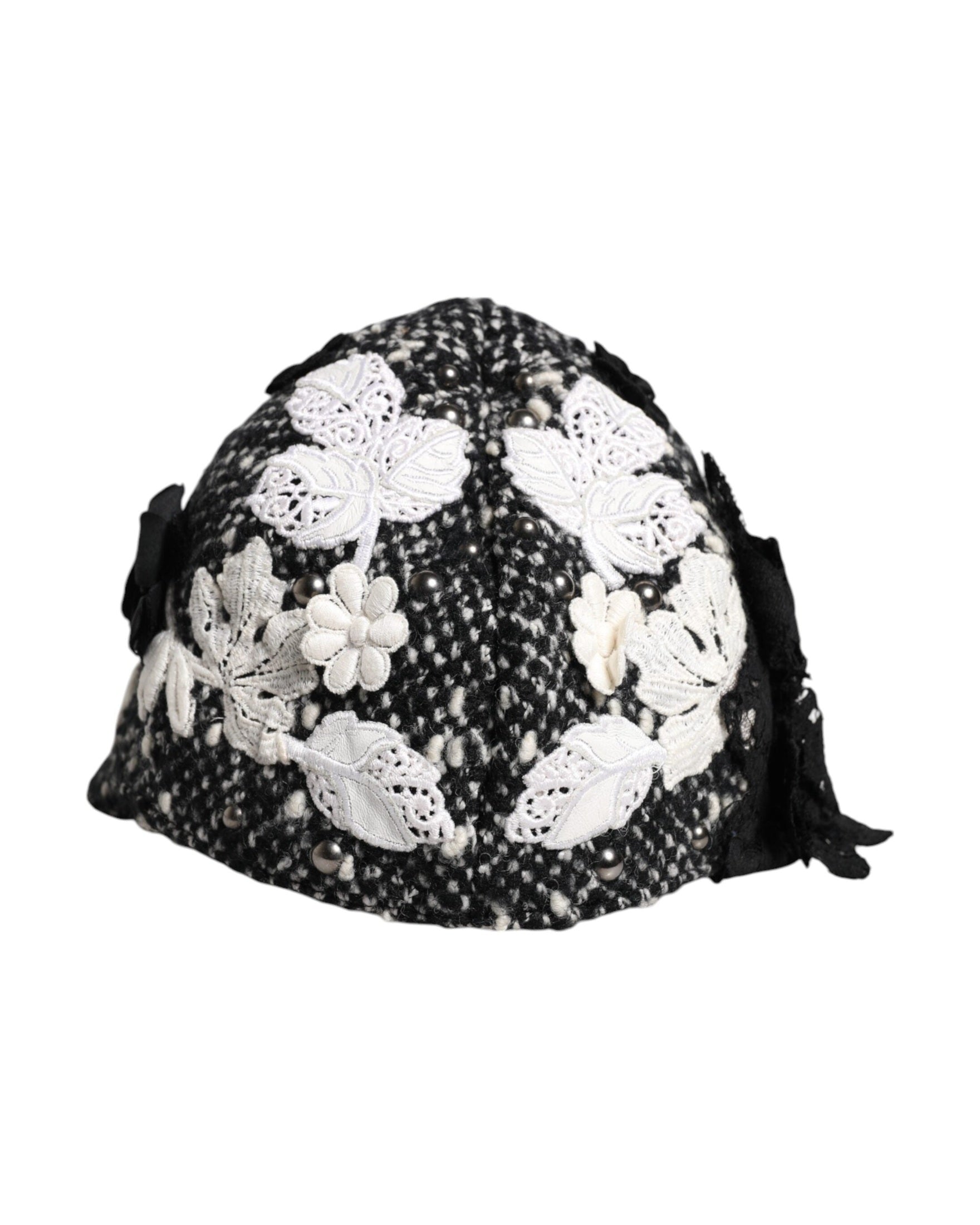 Dolce & Gabbana Black Wool White Floral Embellished Cloche Hat Glam Steals