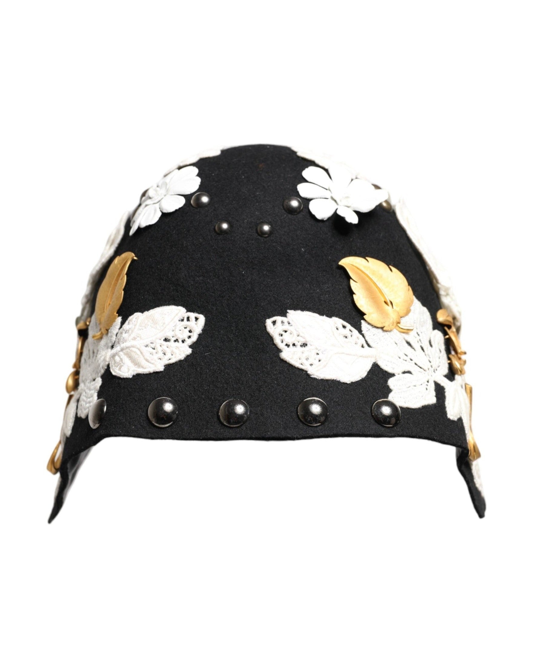 Dolce & Gabbana Black Wool White Floral Gold Leaf Cloche Hat Glam Steals