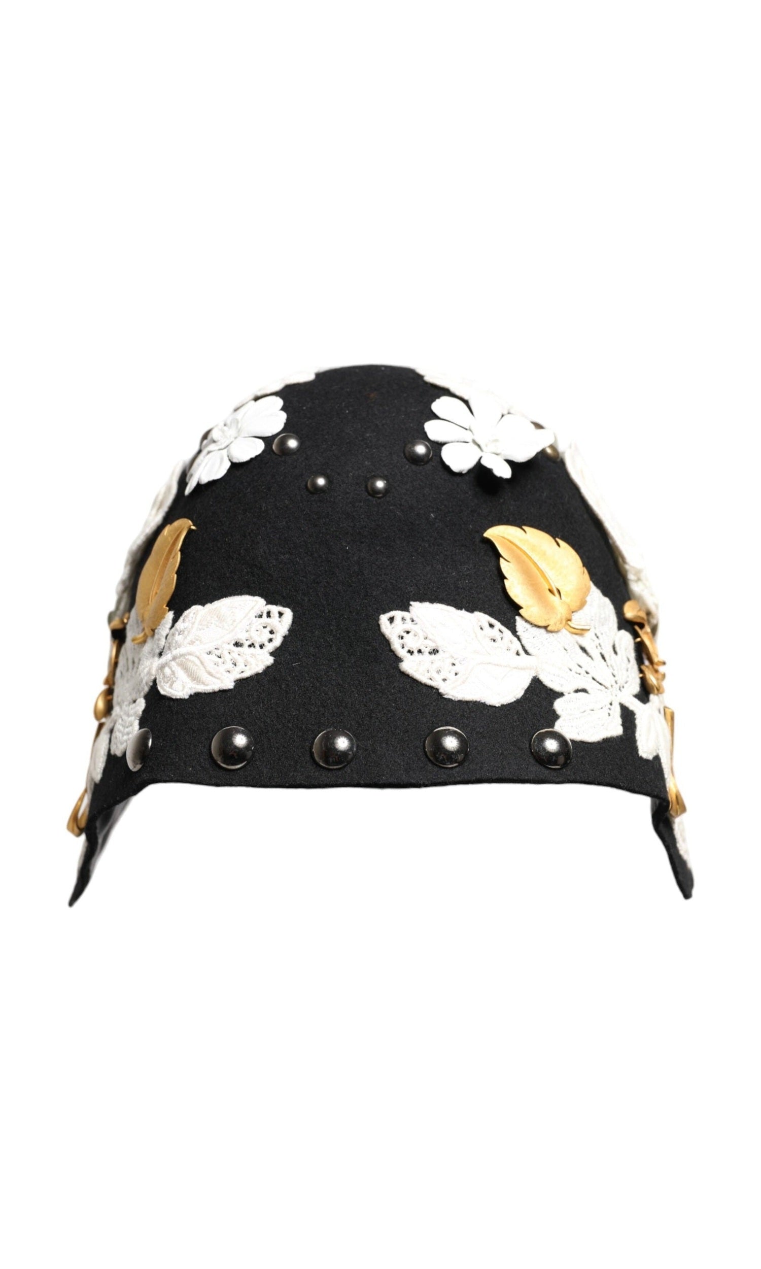Dolce & Gabbana Black Wool White Floral Gold Leaf Cloche Hat Glam Steals