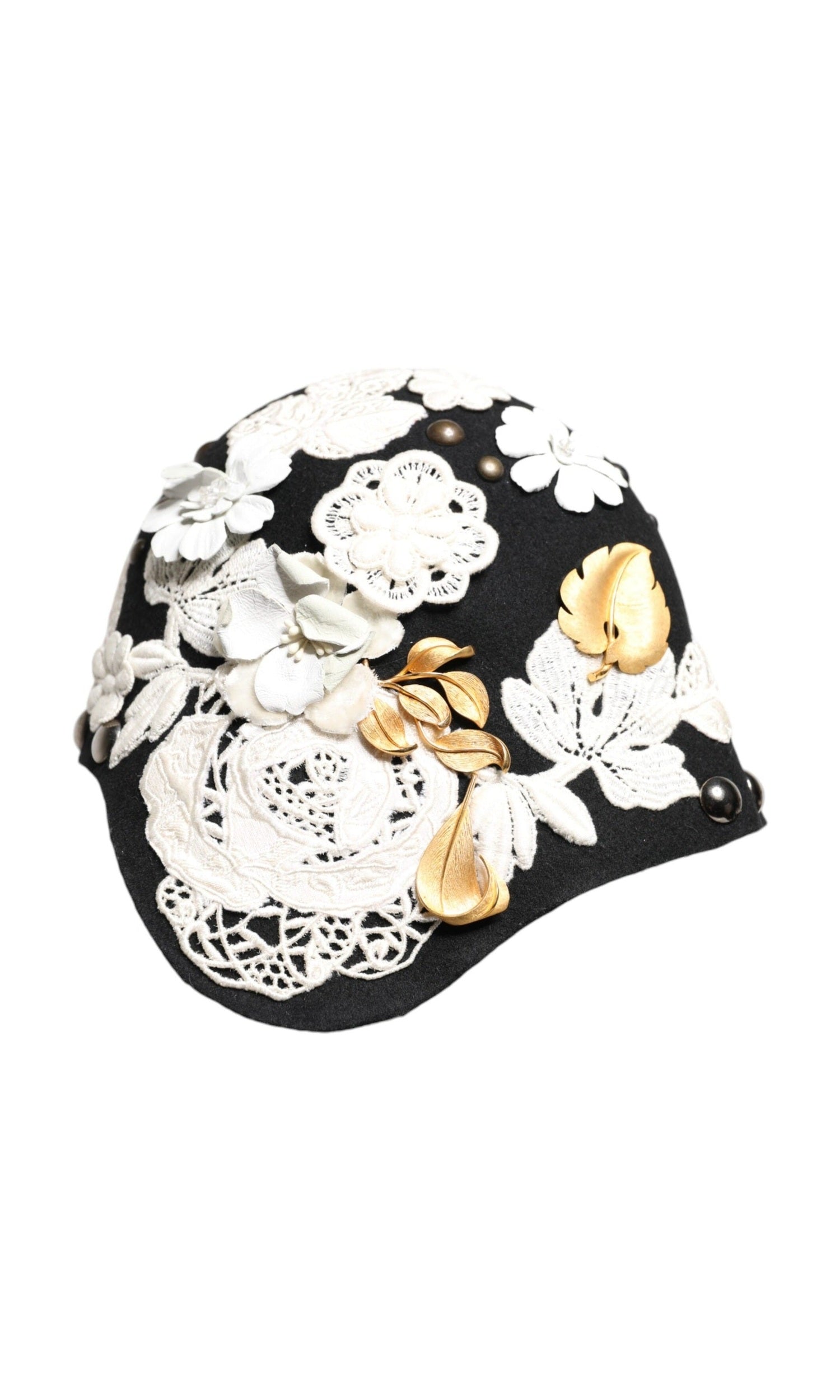 Dolce & Gabbana Black Wool White Floral Gold Leaf Cloche Hat Glam Steals