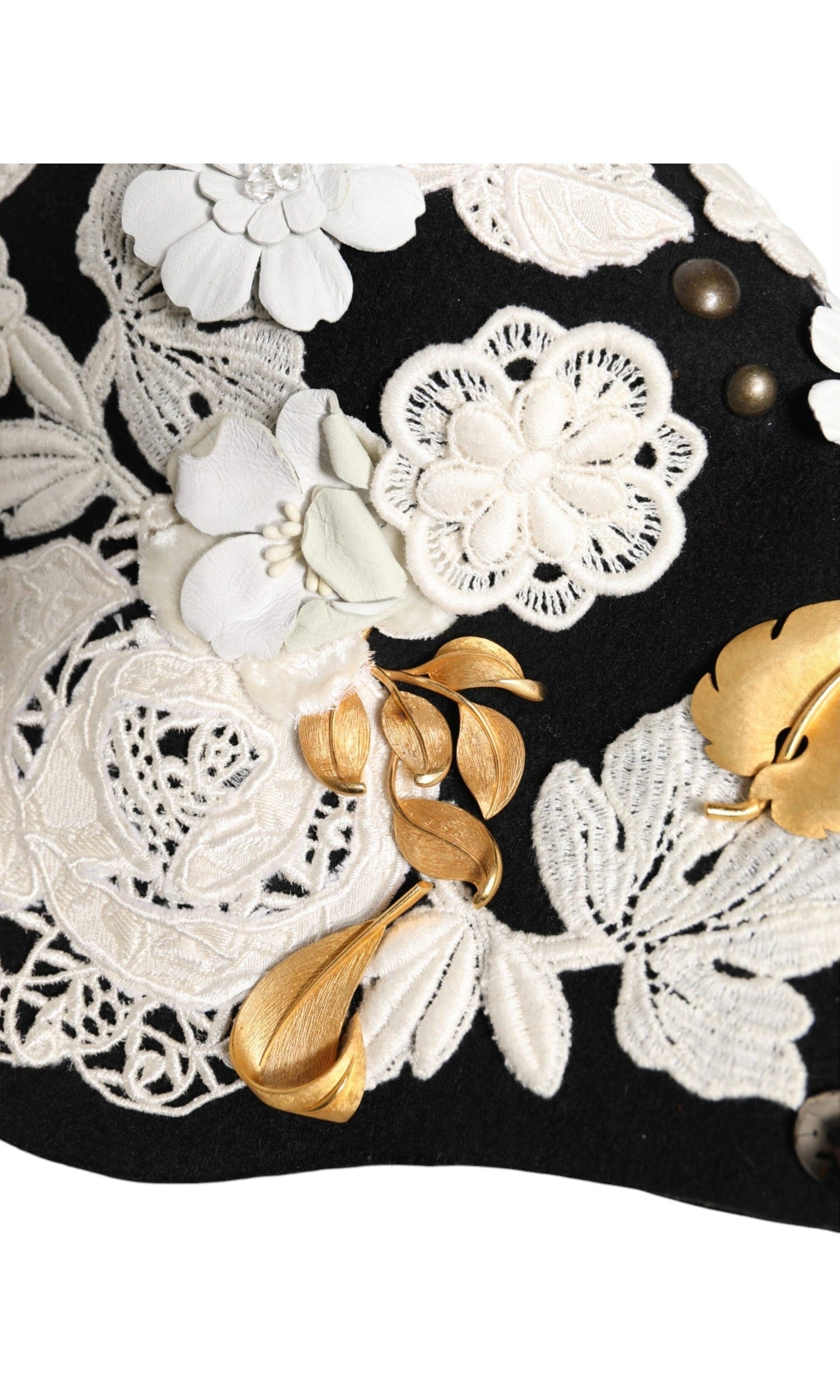 Dolce & Gabbana Black Wool White Floral Gold Leaf Cloche Hat Glam Steals