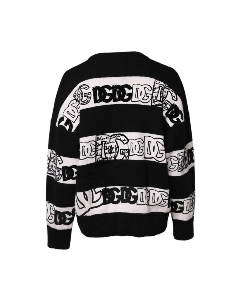 Dolce & Gabbana Black Wool White Logo Print Pullover Sweater Glam Steals