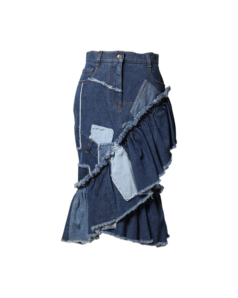 Dolce & Gabbana Blue Denim Patchwork Layered Midi Skirt Glam Steals