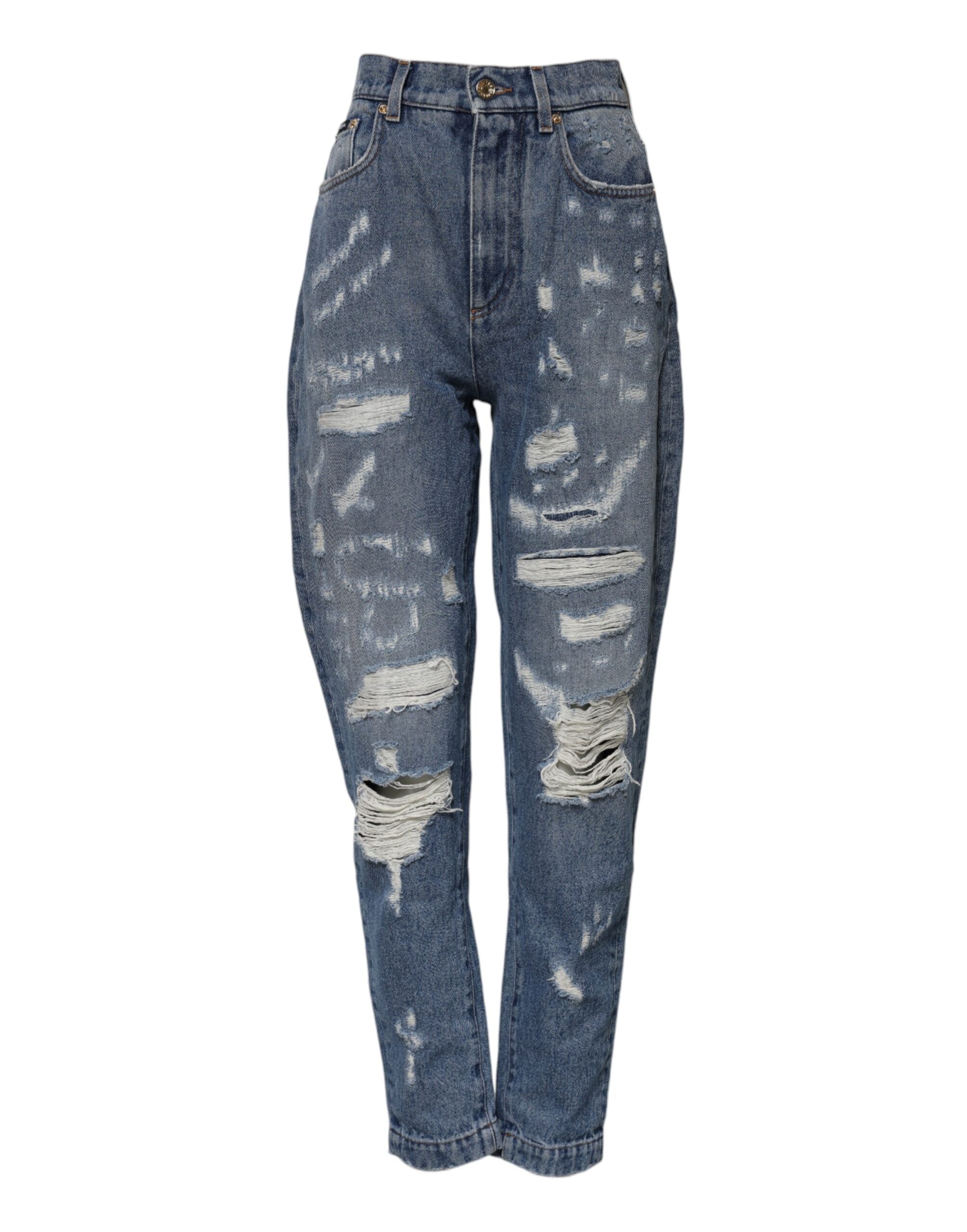 Dolce & Gabbana Blue Denim Tattered High Waist Women Jeans Glam Steals