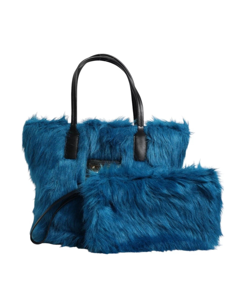 Dolce & Gabbana Blue Fur Logo Plaque Double Handle Shoulder Bag Glam Steals
