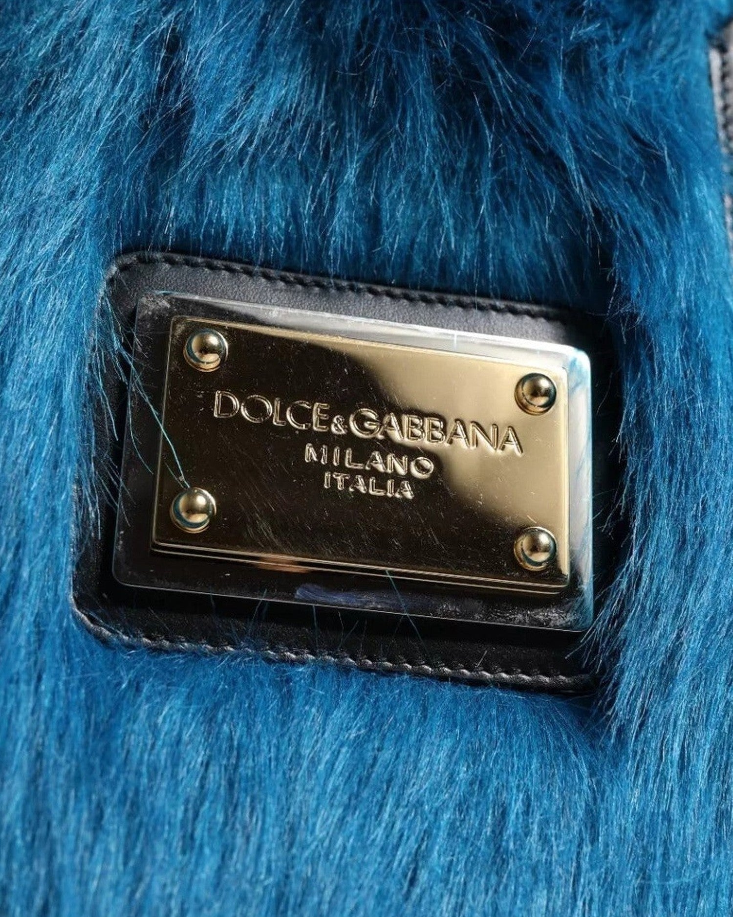 Dolce & Gabbana Blue Fur Logo Plaque Double Handle Shoulder Bag Glam Steals