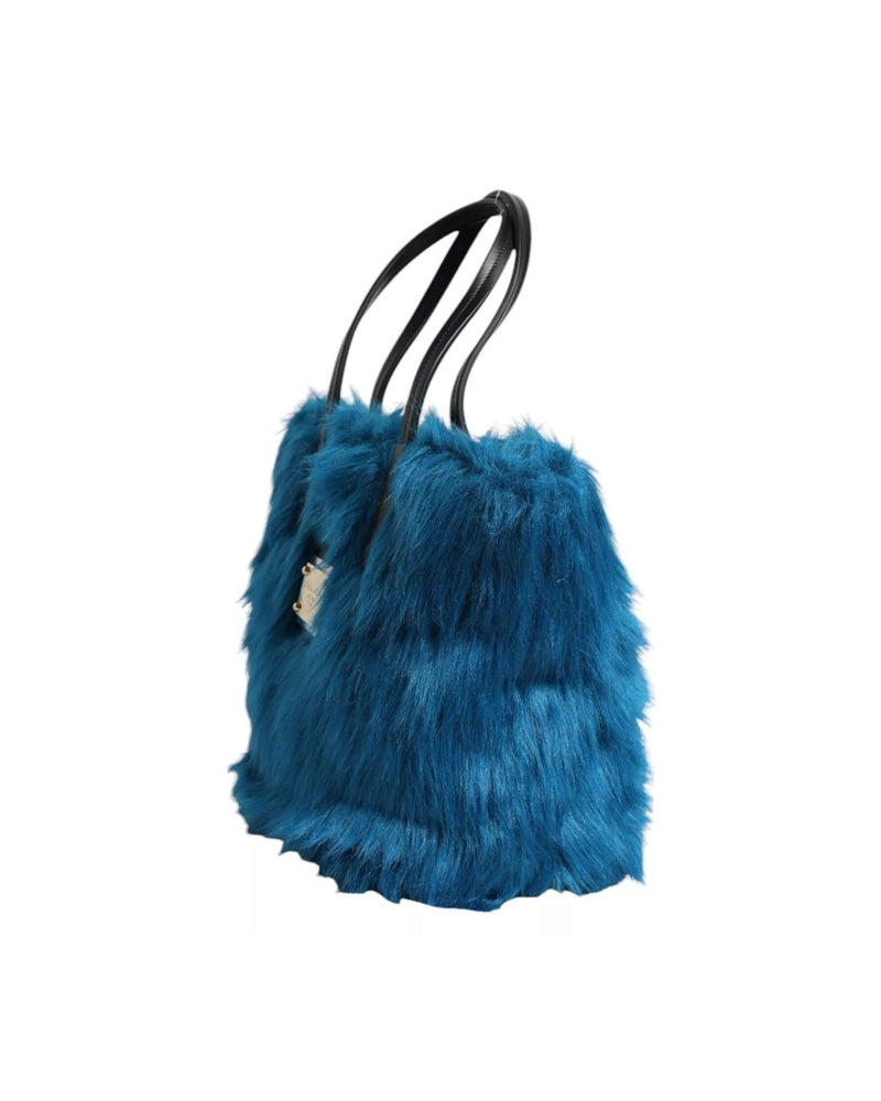Dolce & Gabbana Blue Fur Logo Plaque Double Handle Shoulder Bag Glam Steals