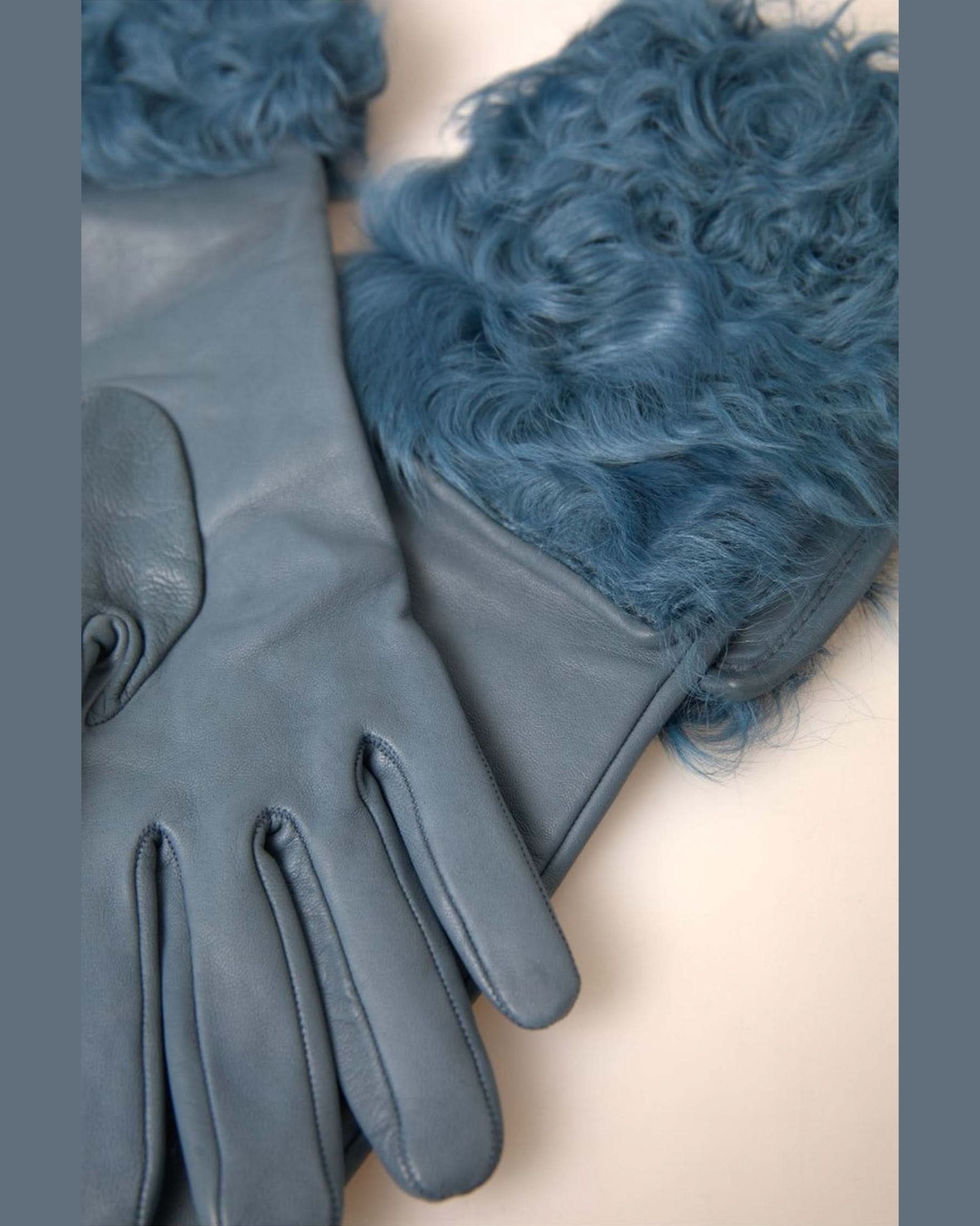Dolce & Gabbana Blue Fur Trim Leather Gloves Gloves & Mittens