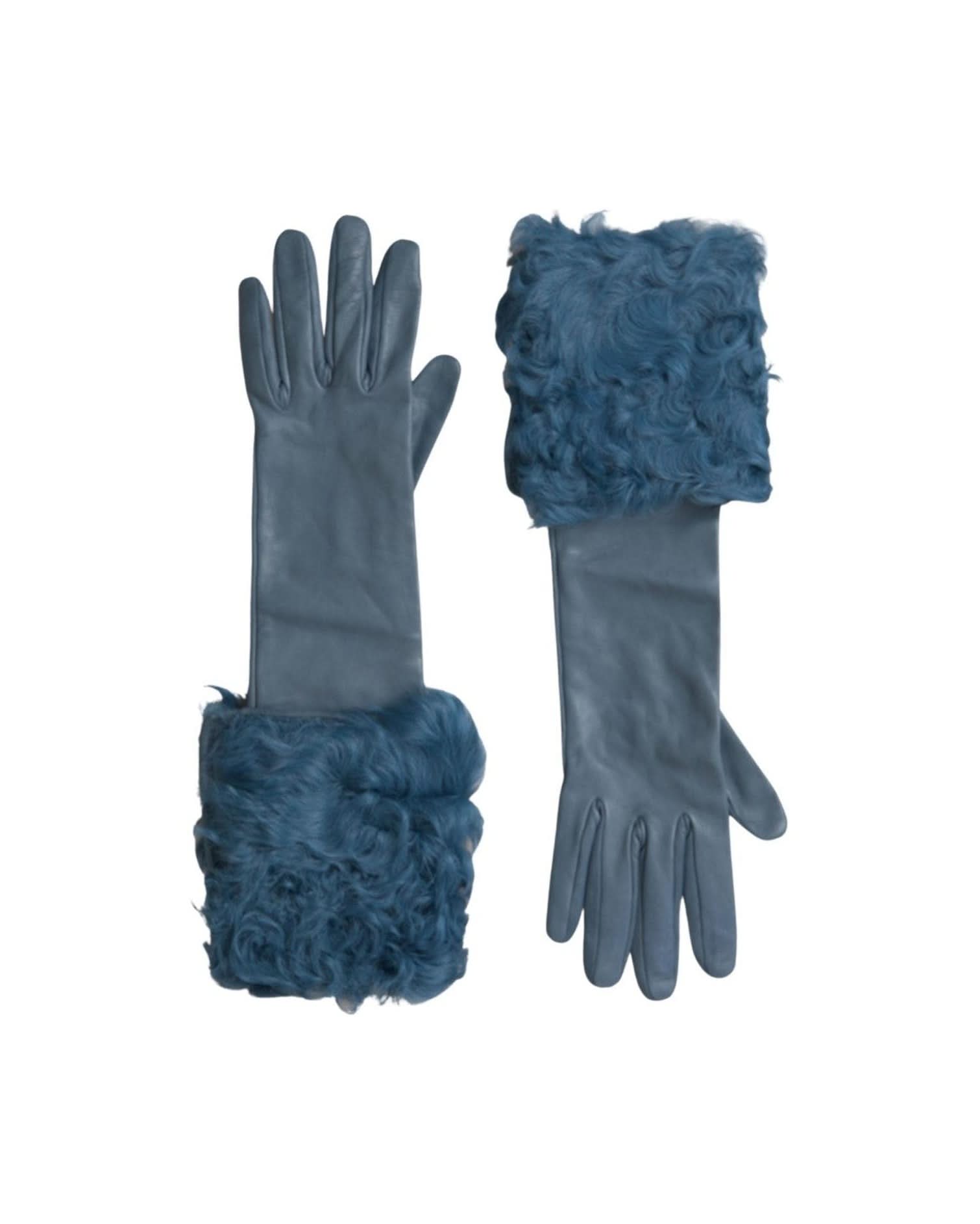 Dolce & Gabbana Blue Fur Trim Leather Gloves Gloves & Mittens