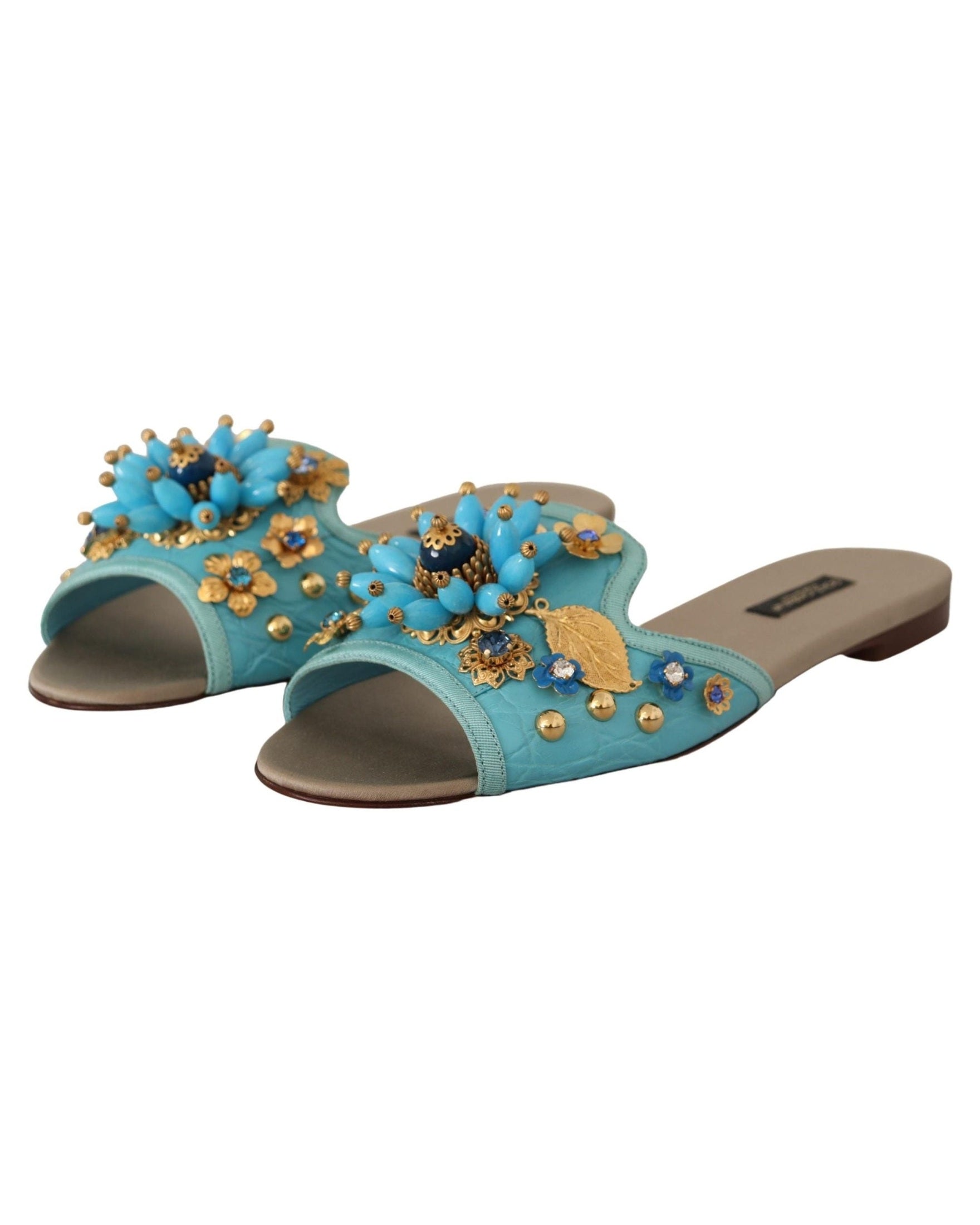 Dolce & Gabbana Blue Leather Crystal Exotic Sandals Flats