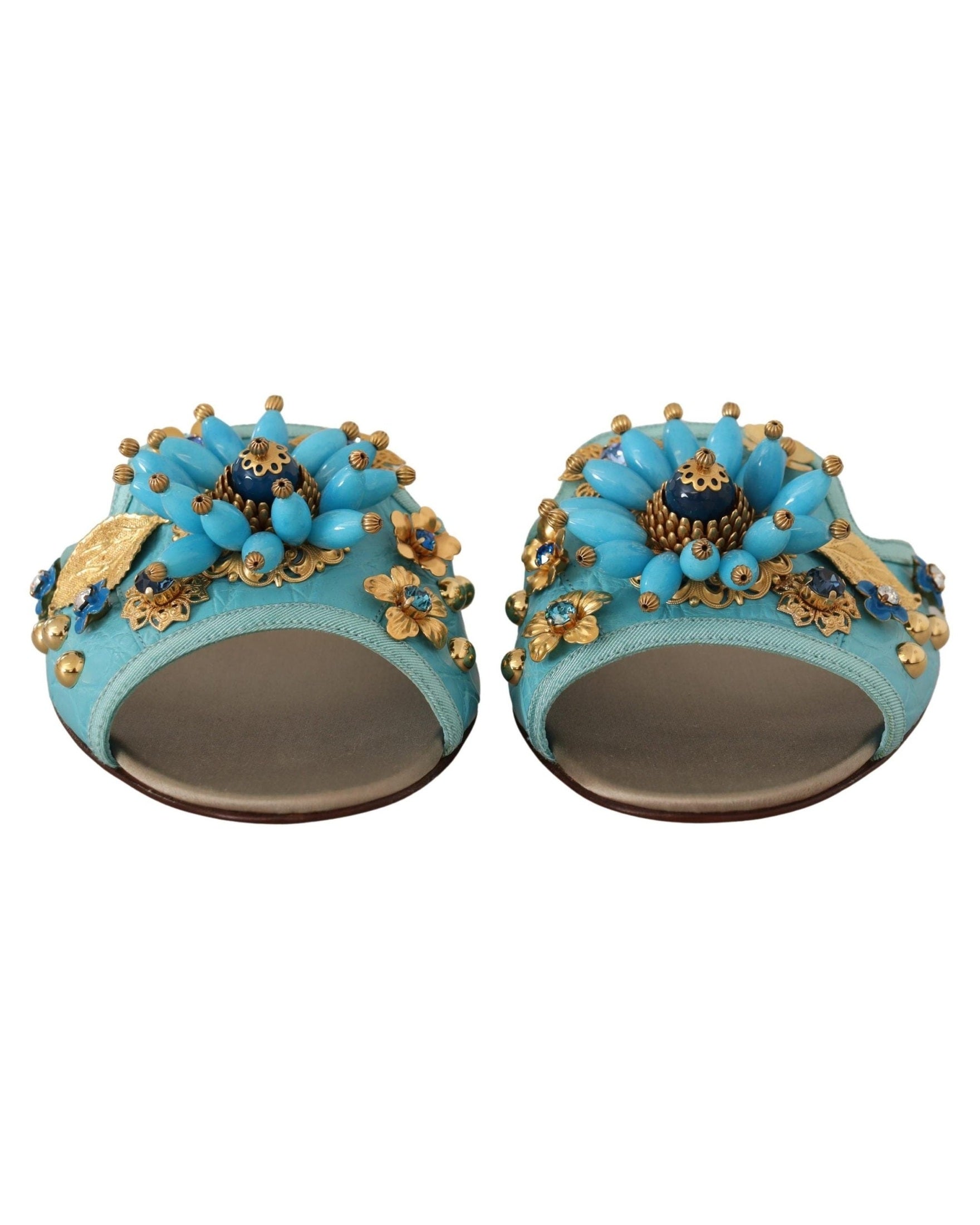 Dolce & Gabbana Blue Leather Crystal Exotic Sandals Flats