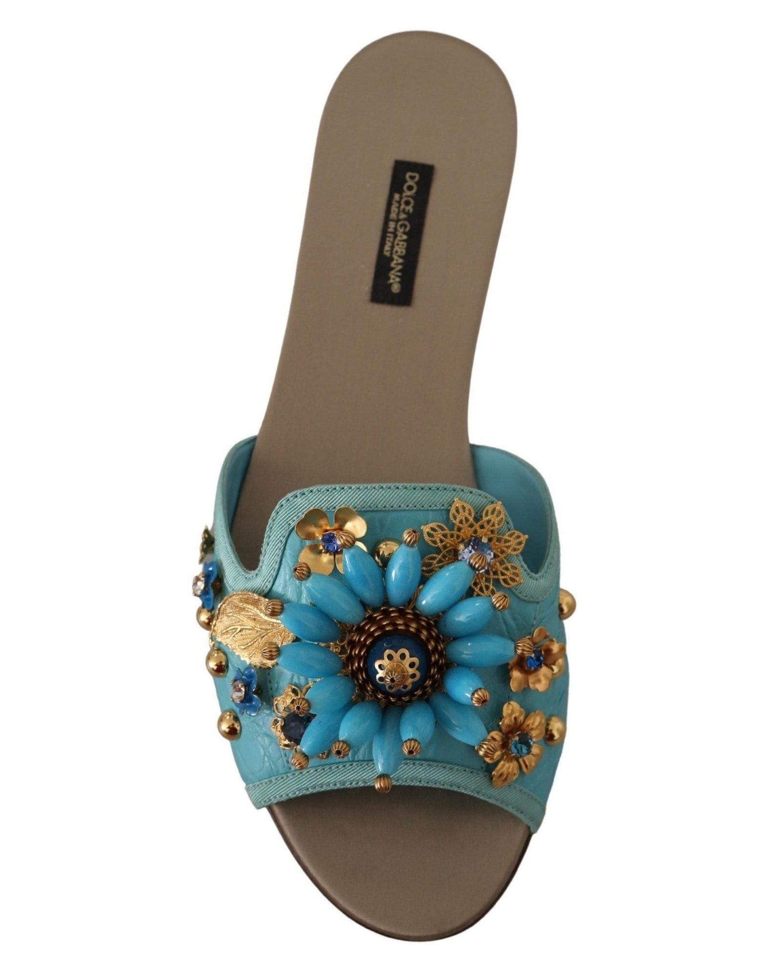 Dolce & Gabbana Blue Leather Crystal Exotic Sandals Flats
