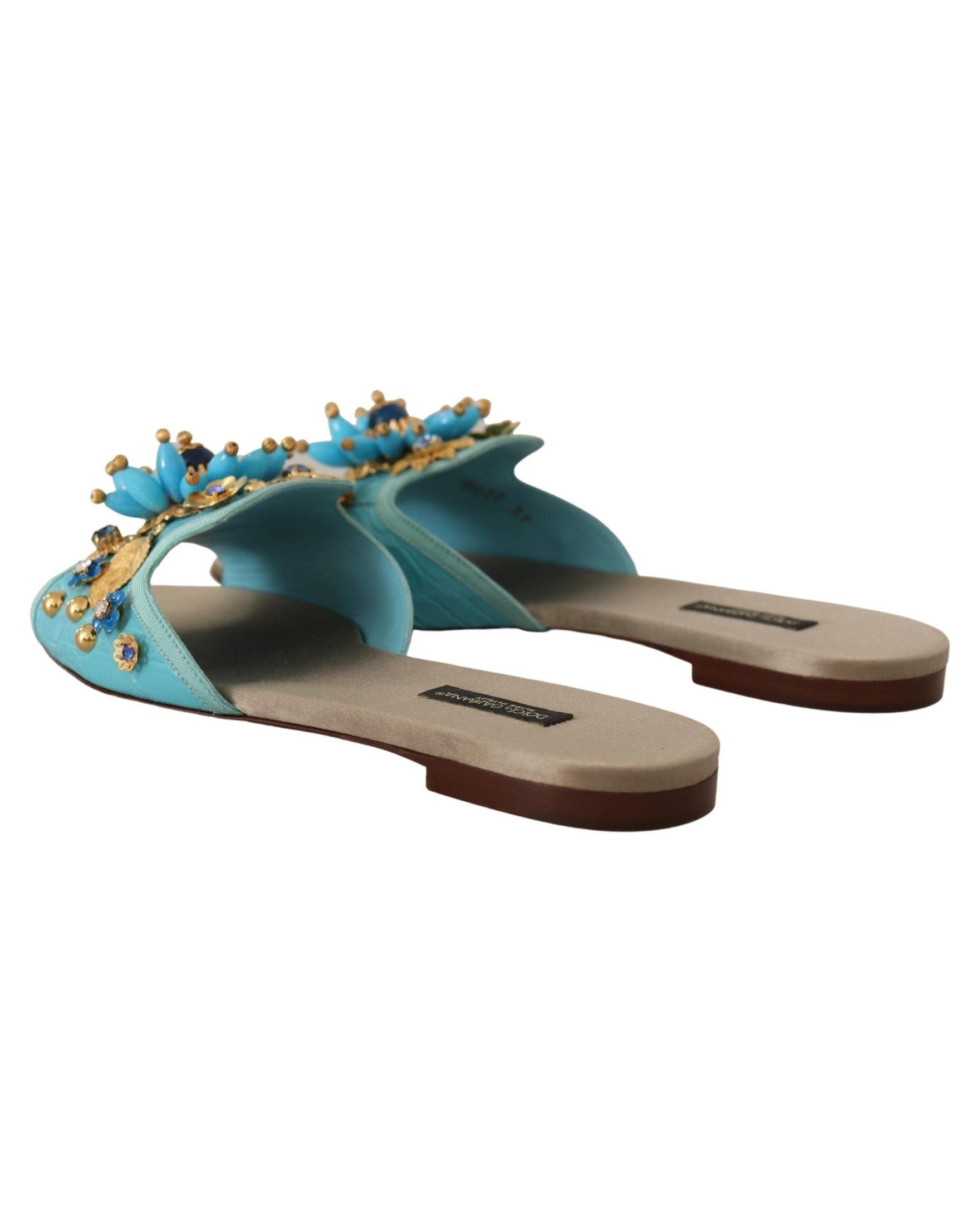 Dolce & Gabbana Blue Leather Crystal Exotic Sandals Flats