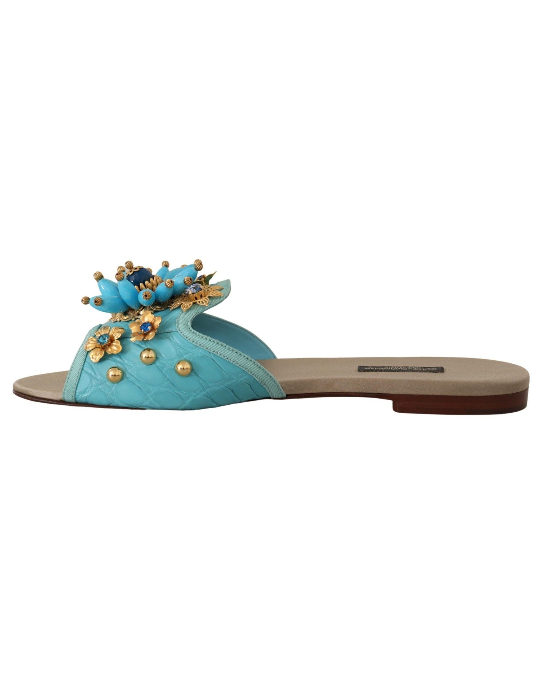 Dolce & Gabbana Blue Leather Crystal Exotic Sandals Flats