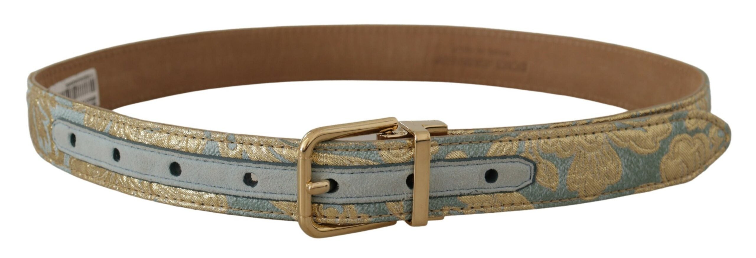 Dolce & Gabbana Blue Leather Jacquard Embossed Gold Metal Buckle Belt Glam Steals
