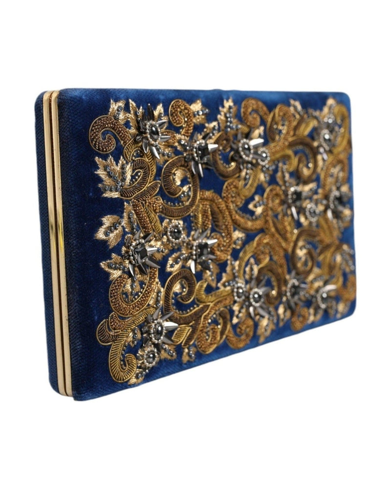 Dolce & Gabbana Velvet Frame Clutch Evening Party Purse Blue Gold Bag Glam Steals