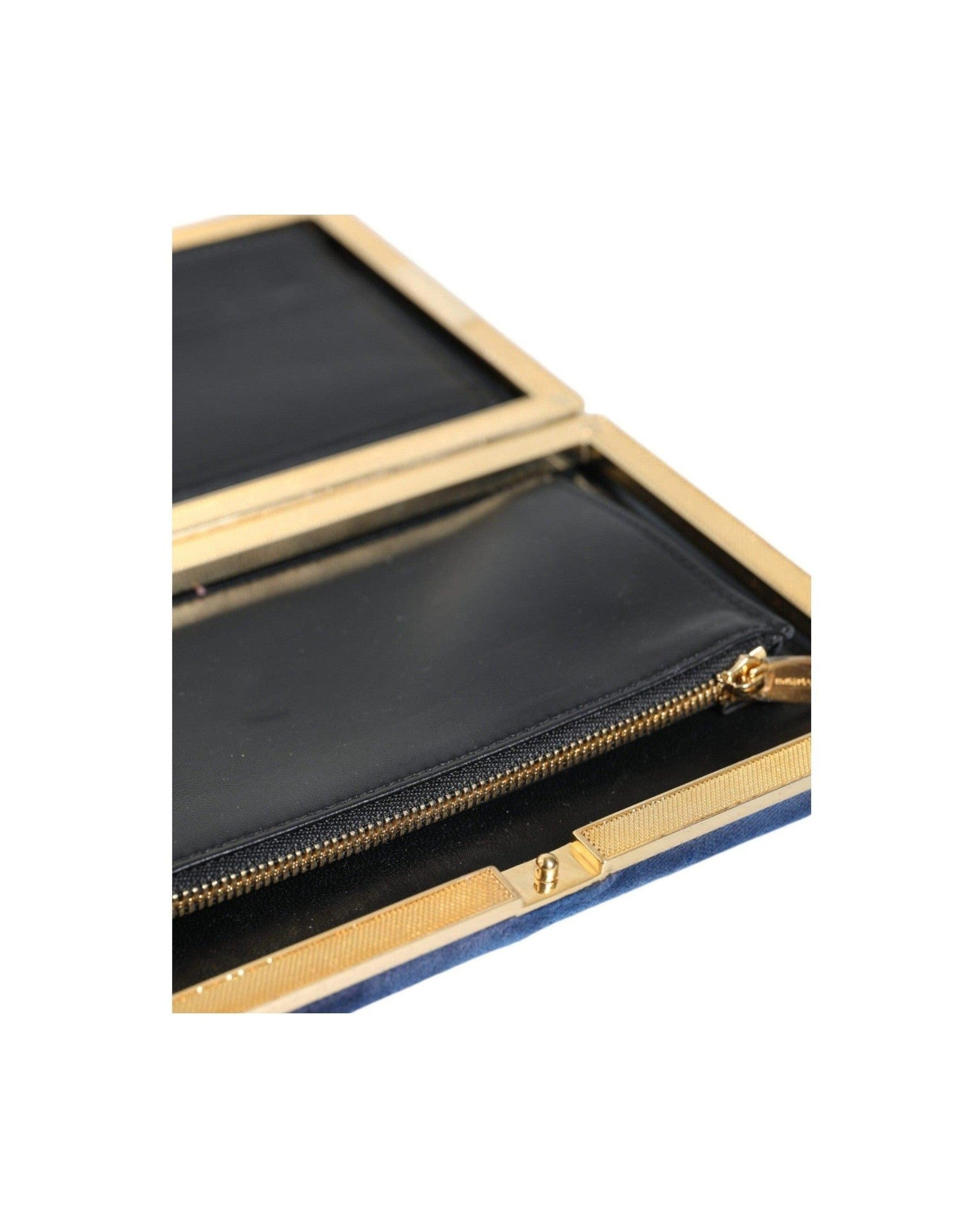 Dolce & Gabbana Velvet Frame Clutch Evening Party Purse Blue Gold Bag Glam Steals
