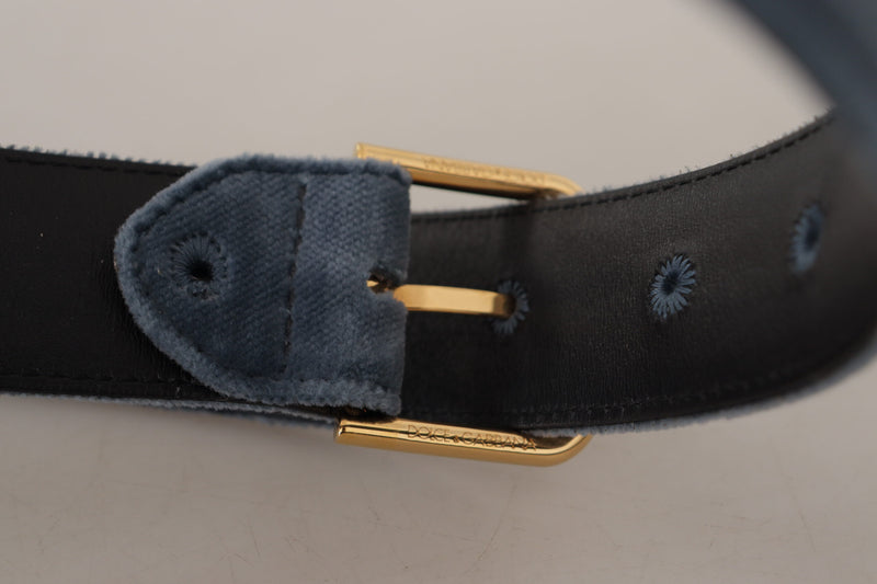 Dolce & Gabbana Blue Velvet Navy Gold Metal Logo Waist Buckle Belt Glam Steals