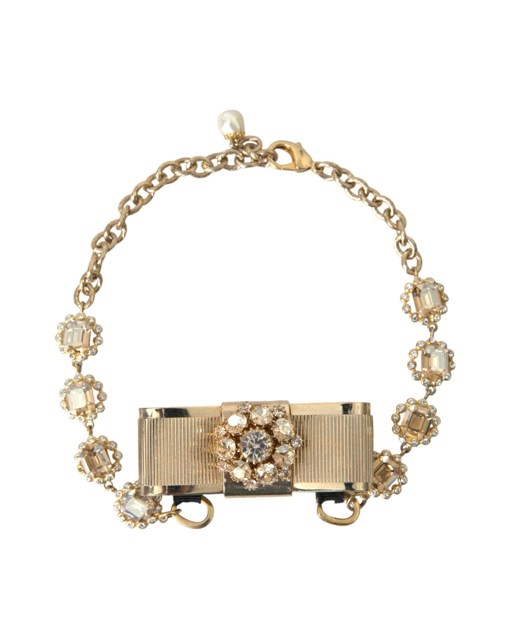 Dolce & Gabbana Brass Crystal Bow Chain Choker Gold Clear Necklace Glam Steals