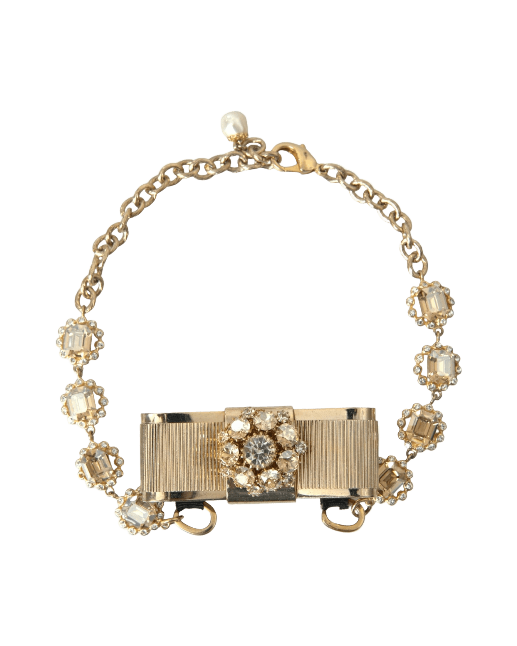 Dolce & Gabbana Brass Crystal Bow Chain Choker Gold Clear Necklace Glam Steals