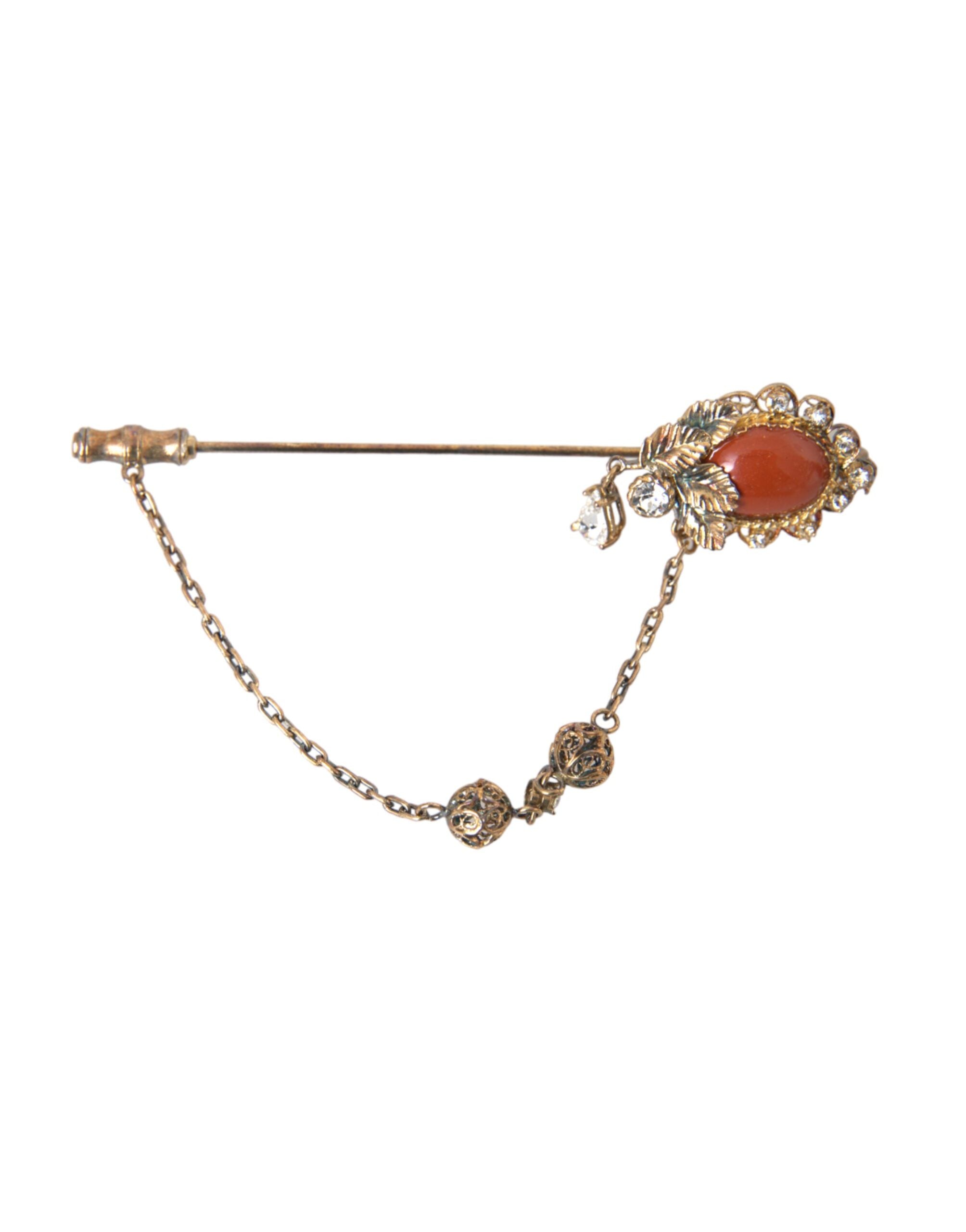 Dolce & Gabbana Brass Crystal Chain 925 Sterling Pin Gold Silver Brooch Glam Steals