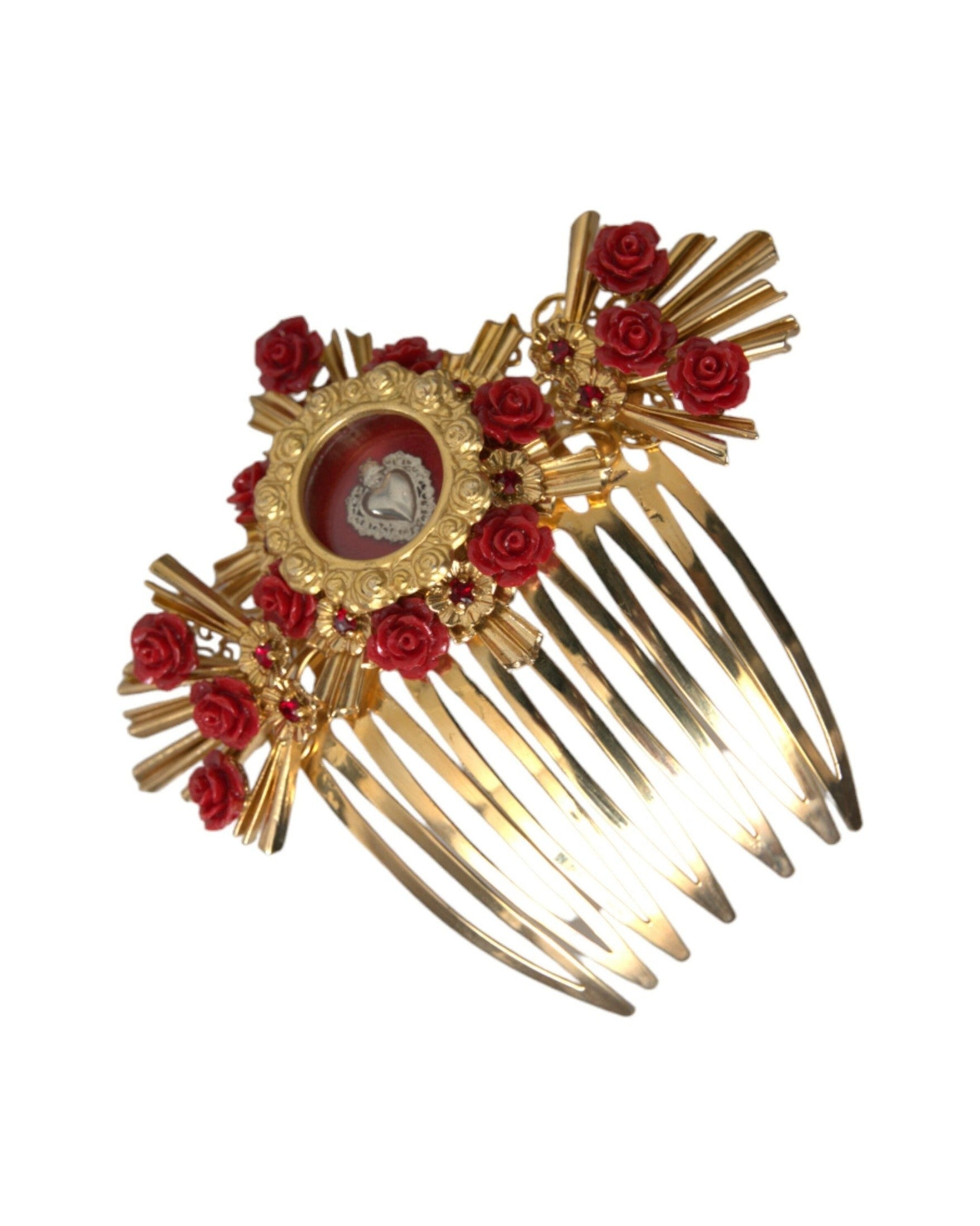 Dolce & Gabbana Brass Crystal Heart Floral Hair Gold Comb Glam Steals