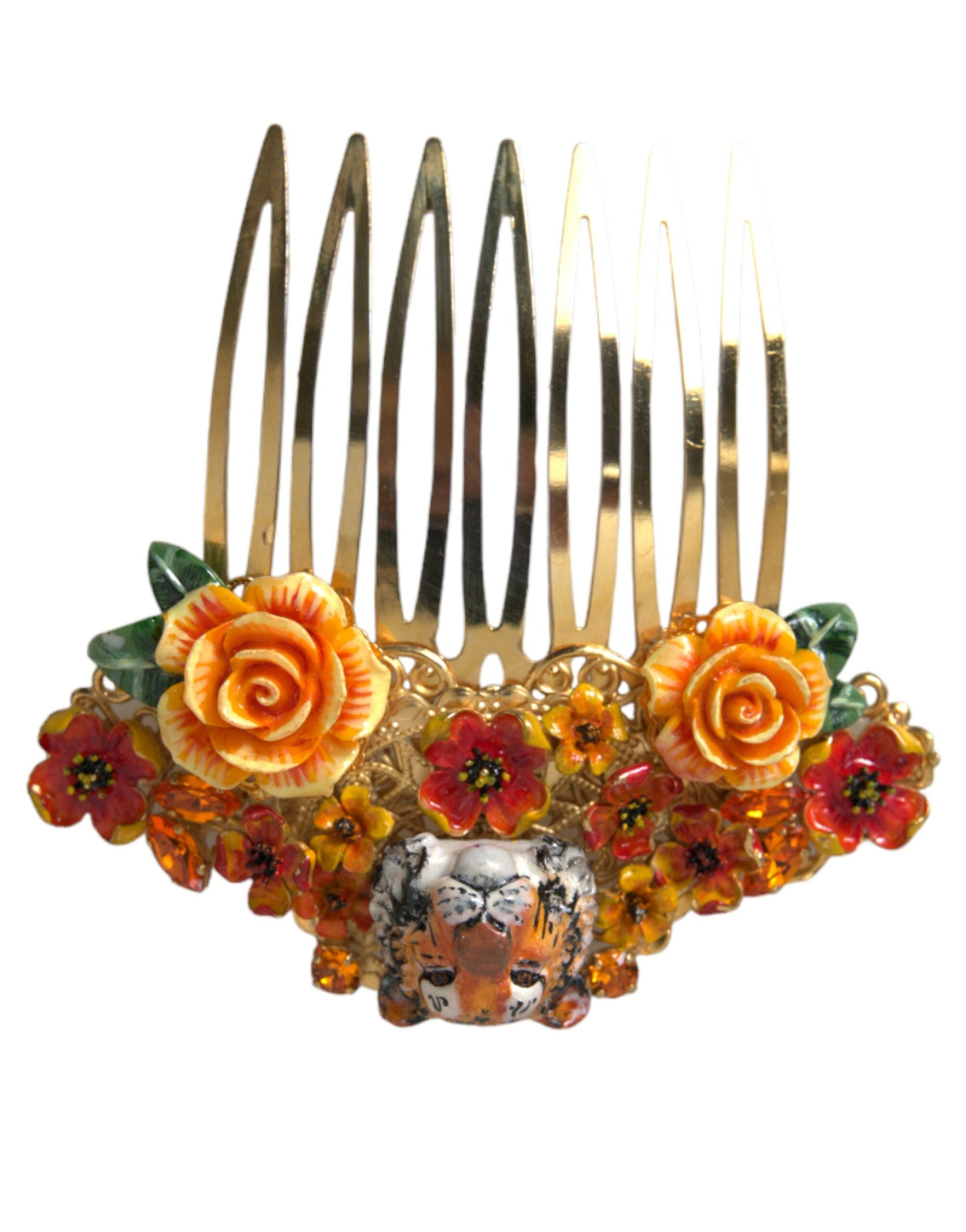 Dolce & Gabbana Brass Crystal Leopard Floral Hair Gold Comb Glam Steals