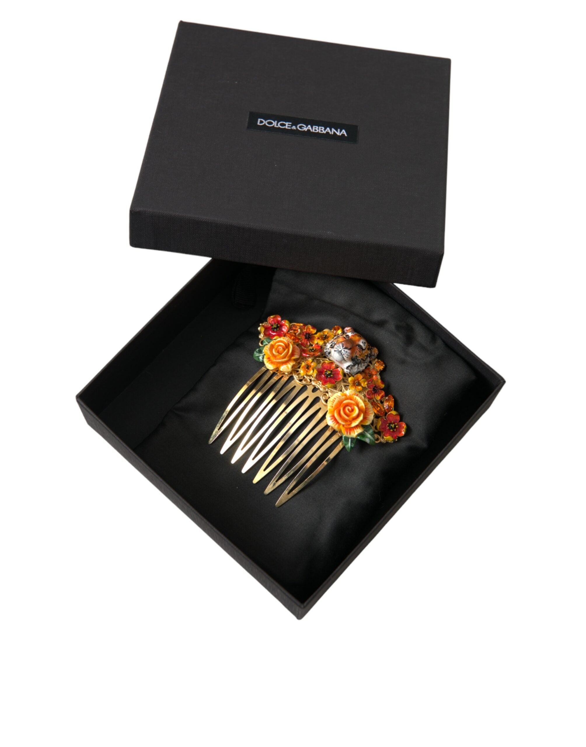 Dolce & Gabbana Brass Crystal Leopard Floral Hair Gold Comb Glam Steals