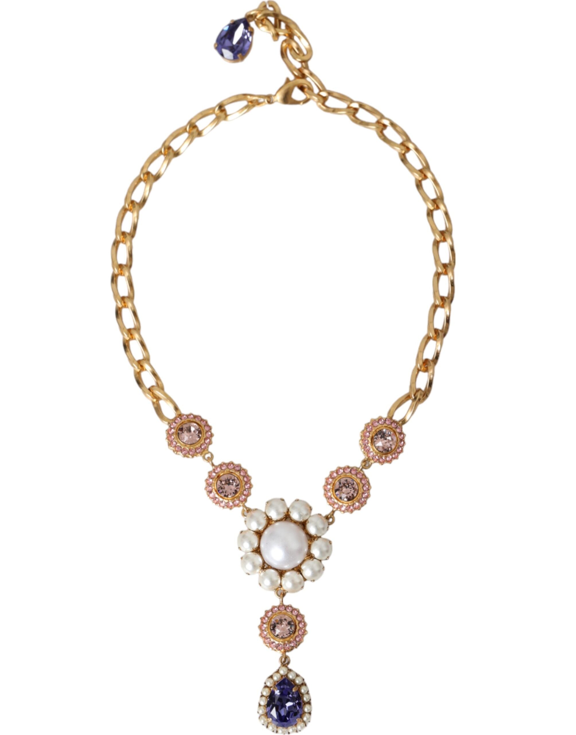 Dolce & Gabbana Brass Crystal Pearl Pendants Gold Purple Pink Necklace Glam Steals