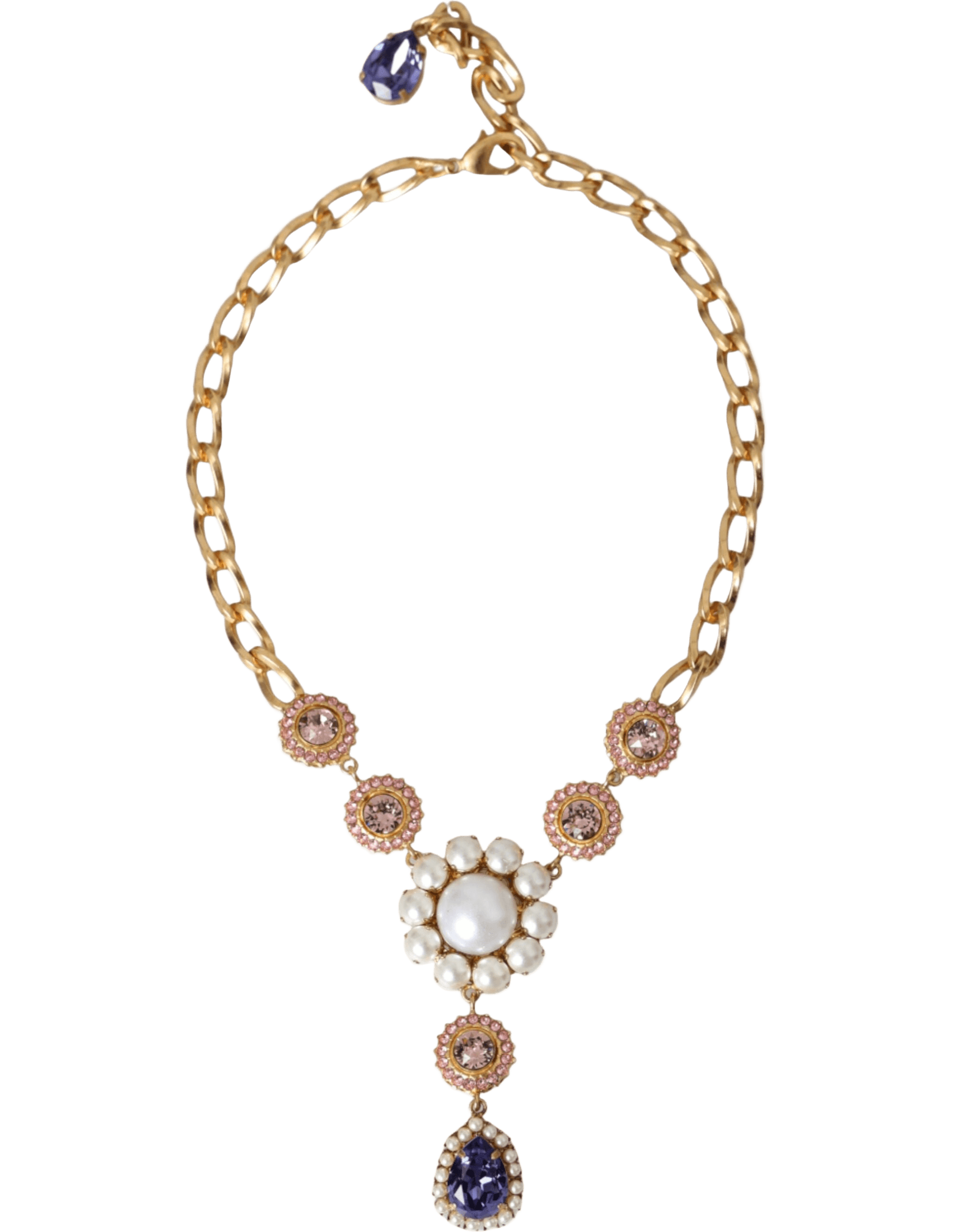Dolce & Gabbana Brass Crystal Pearl Pendants Gold Purple Pink Necklace Glam Steals