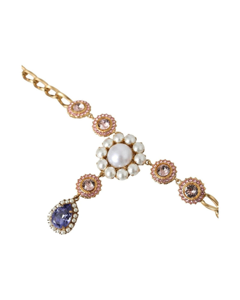Dolce & Gabbana Brass Crystal Pearl Pendants Gold Purple Pink Necklace Glam Steals