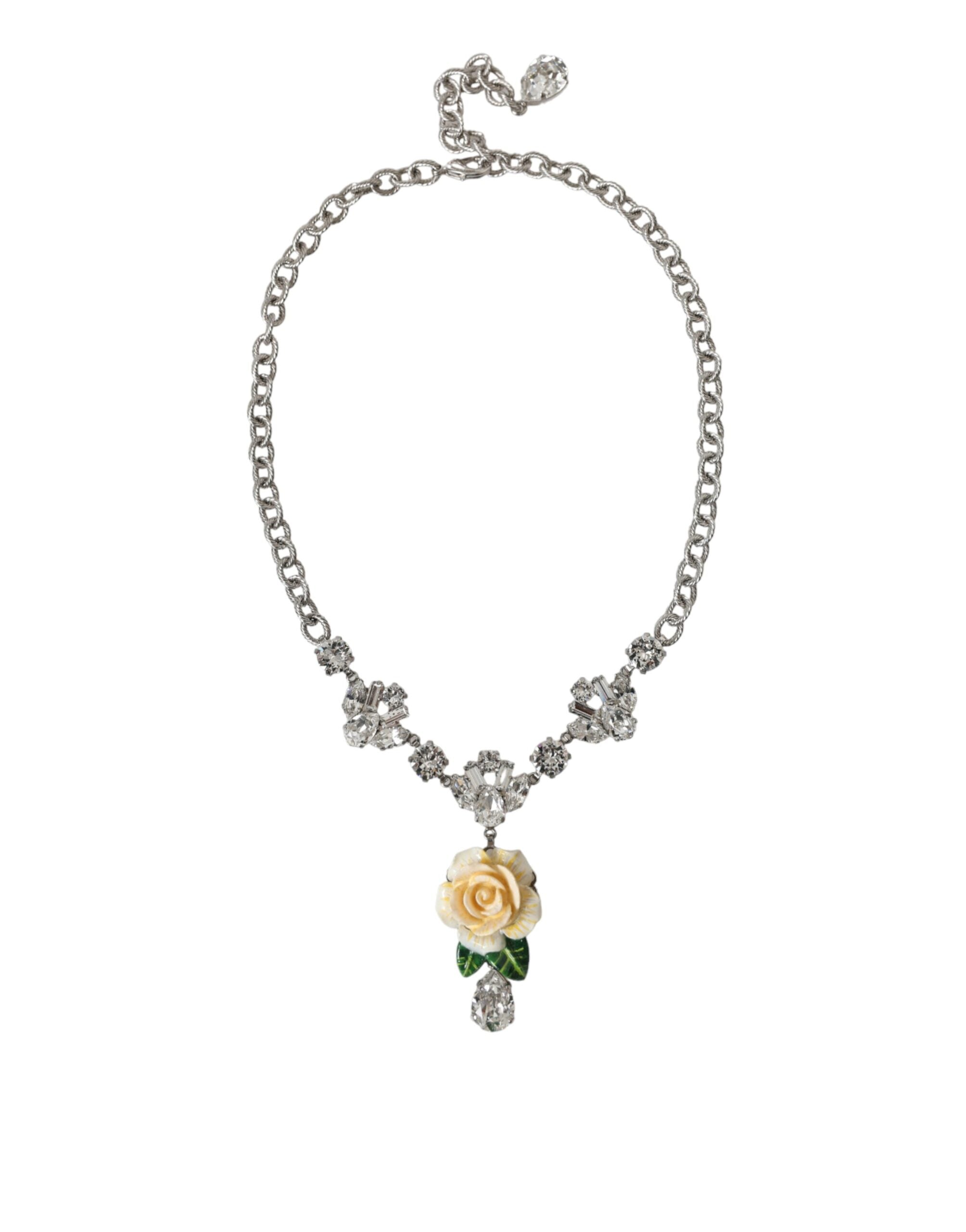 Dolce & Gabbana Brass Crystal Roses Pendants Silver Clear Necklace Glam Steals