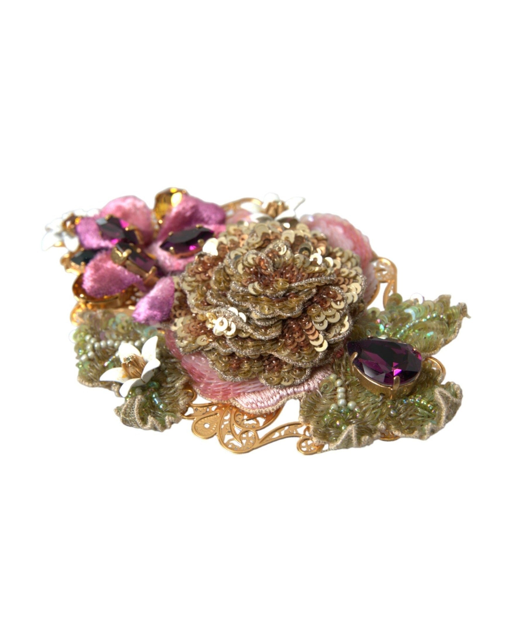 Dolce & Gabbana Brass Floral Crystal Sequined Hair Gold Clip Glam Steals