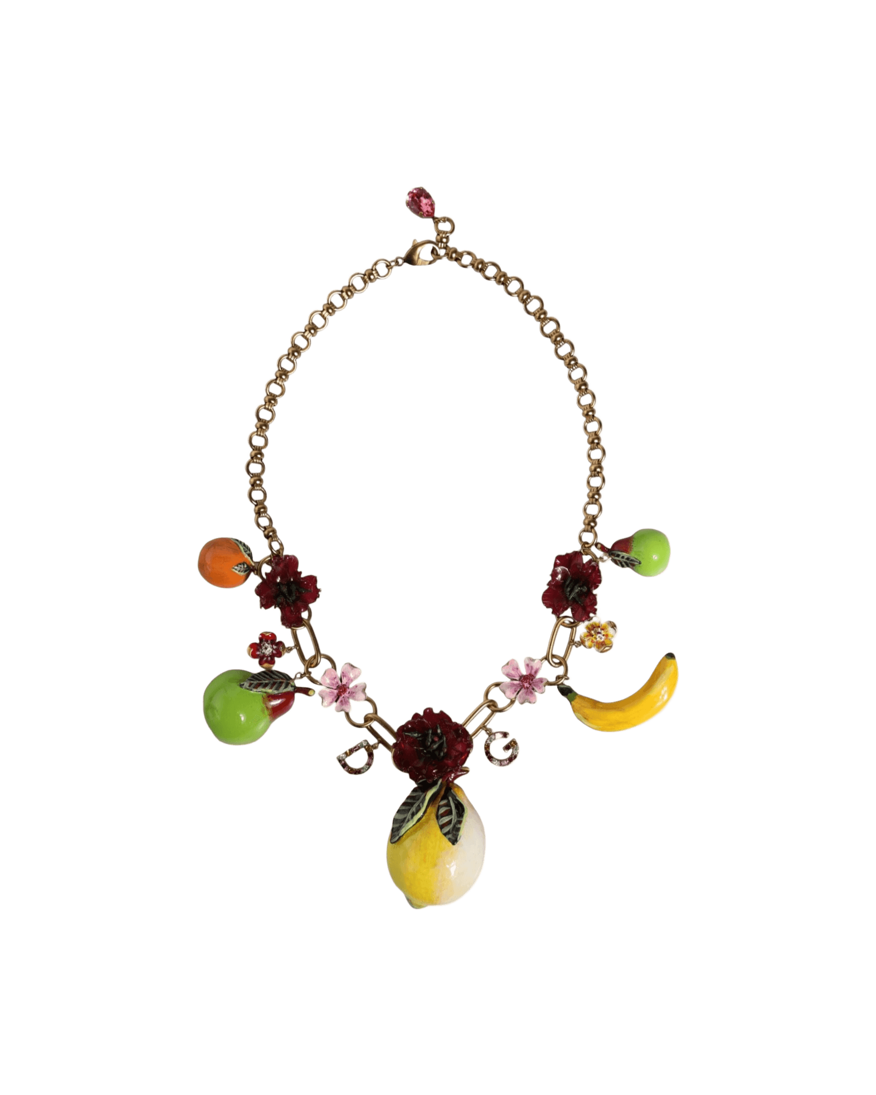 Dolce & Gabbana Brass Fruit Pendants Flowers Crystal Logo Gold Necklace Glam Steals