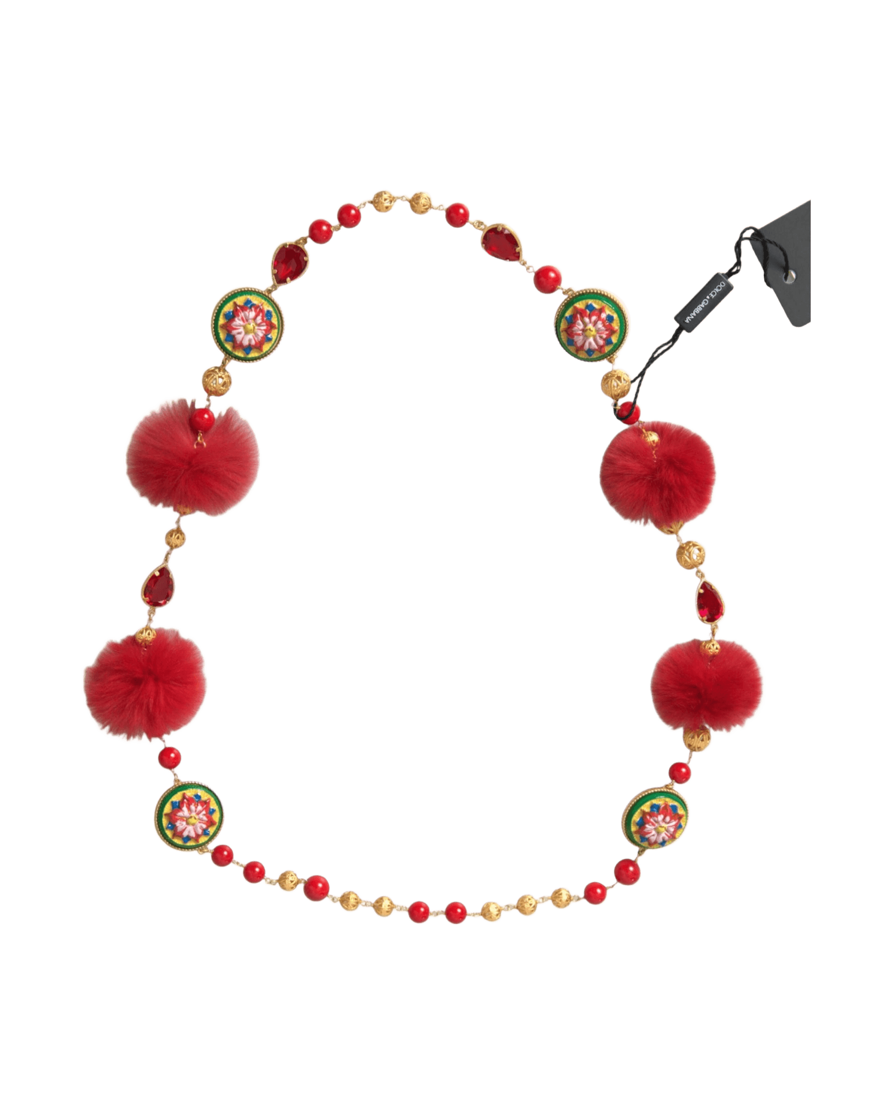 Dolce & Gabbana Brass Fur Crystal Carretto Chain Gold Red Necklace Glam Steals