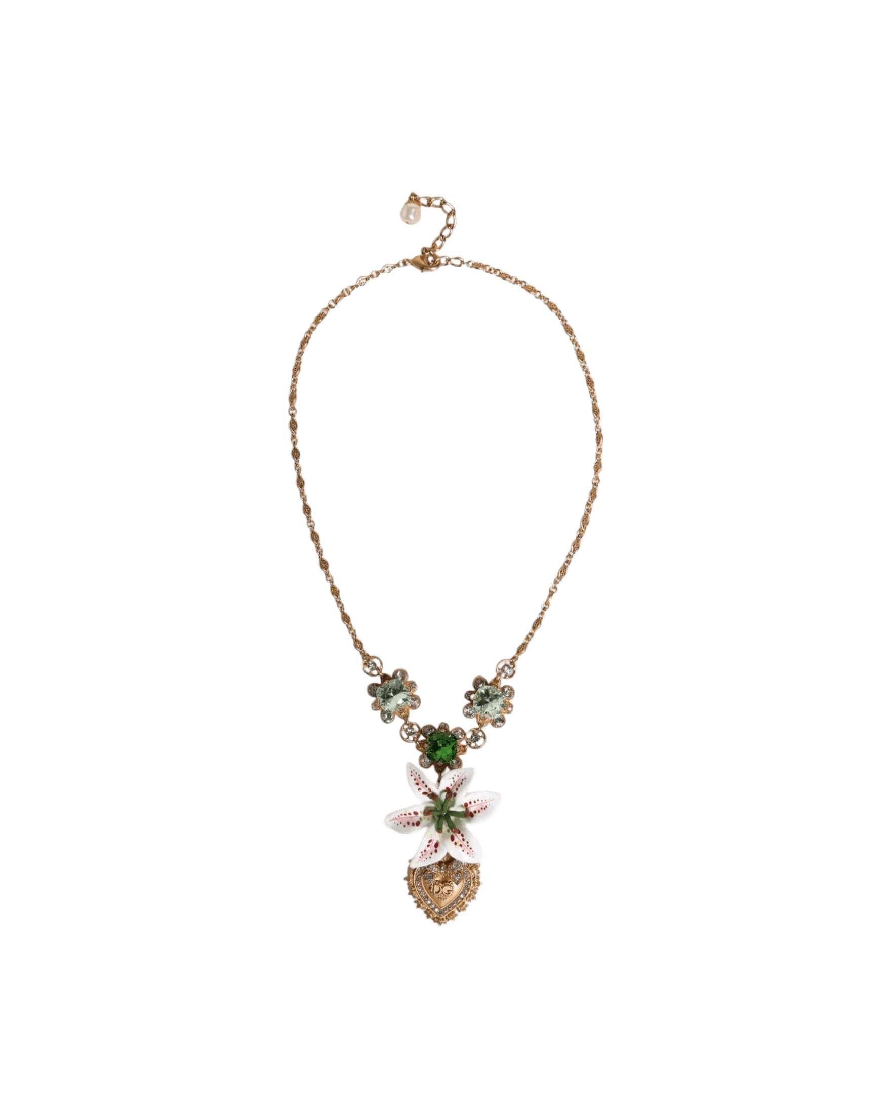 Dolce & Gabbana Brass Lily Crystal Sacred Heart Pendant Gold Necklace Glam Steals