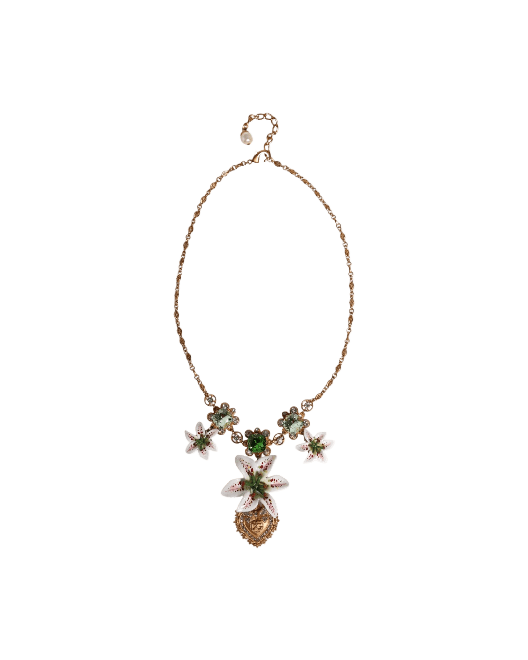 Dolce & Gabbana Brass Lily Crystal Sacred Heart Pendant Gold Necklace Glam Steals