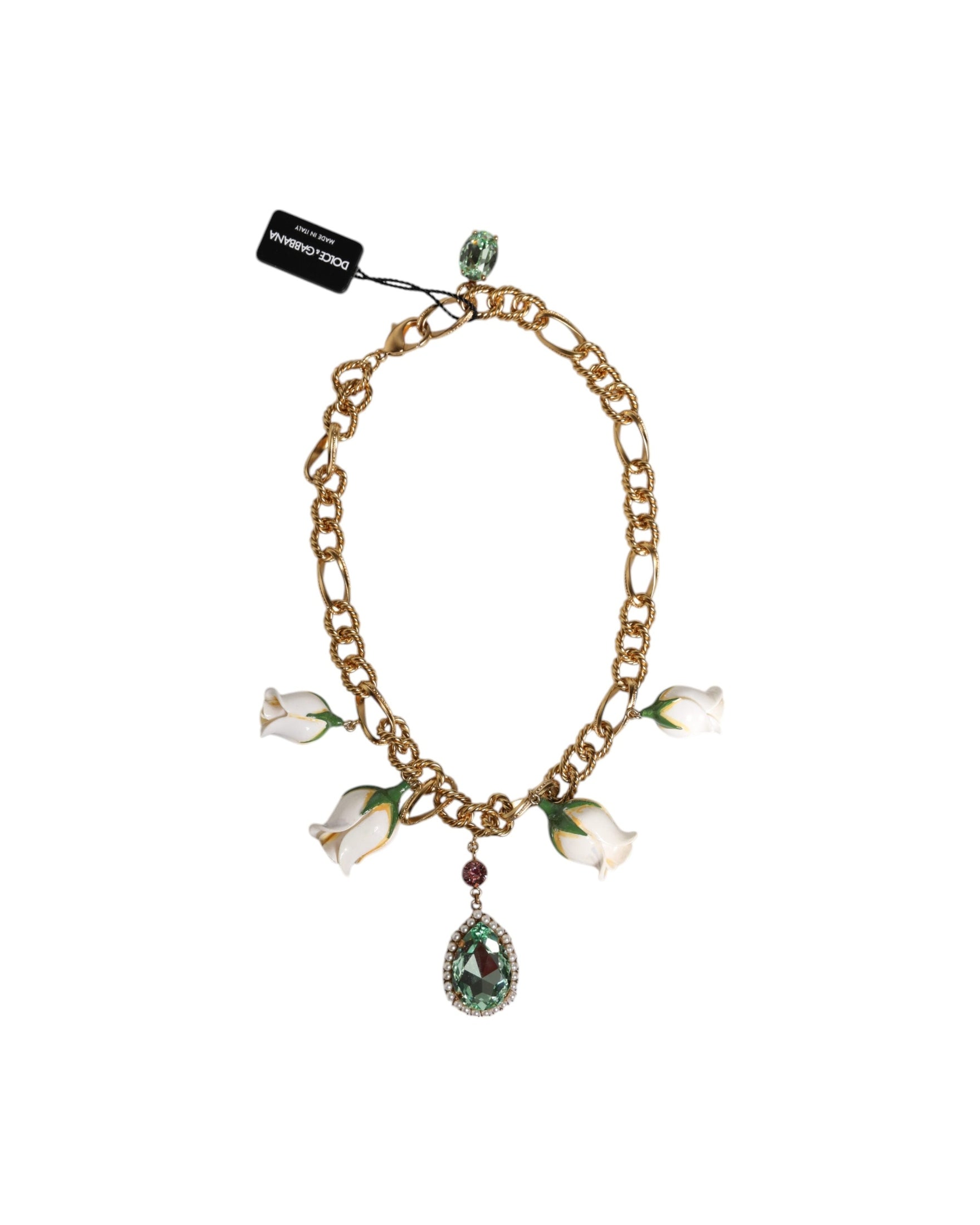 Dolce & Gabbana Brass Shorts Chain Flower Crystal Pendant Gold Necklace Glam Steals