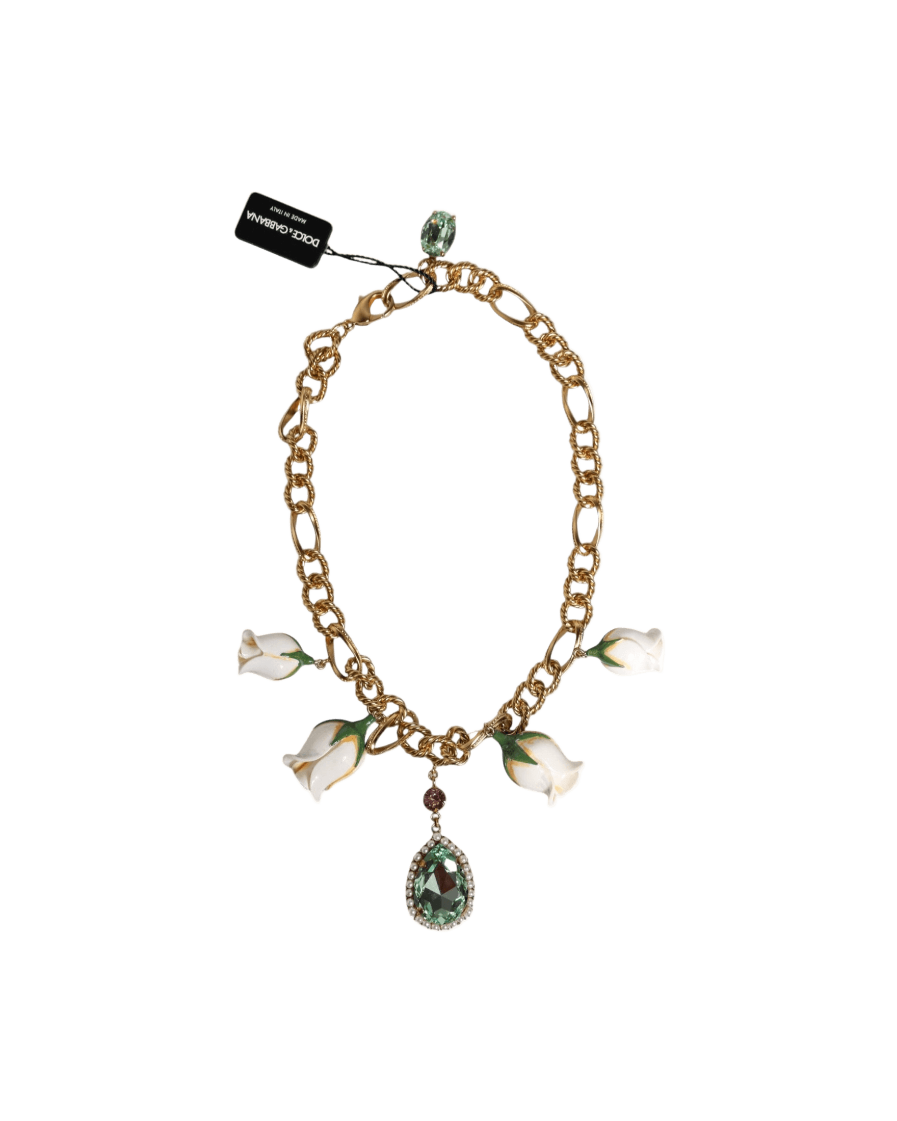 Dolce & Gabbana Brass Shorts Chain Flower Crystal Pendant Gold Necklace Glam Steals