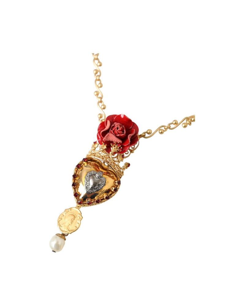 Dolce & Gabbana Brasschain Sacred Heart Rose Crystal Charm Gold Necklace Glam Steals