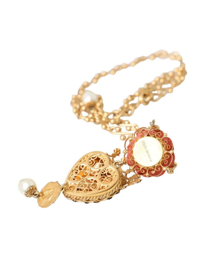 Dolce & Gabbana Brasschain Sacred Heart Rose Crystal Charm Gold Necklace Glam Steals