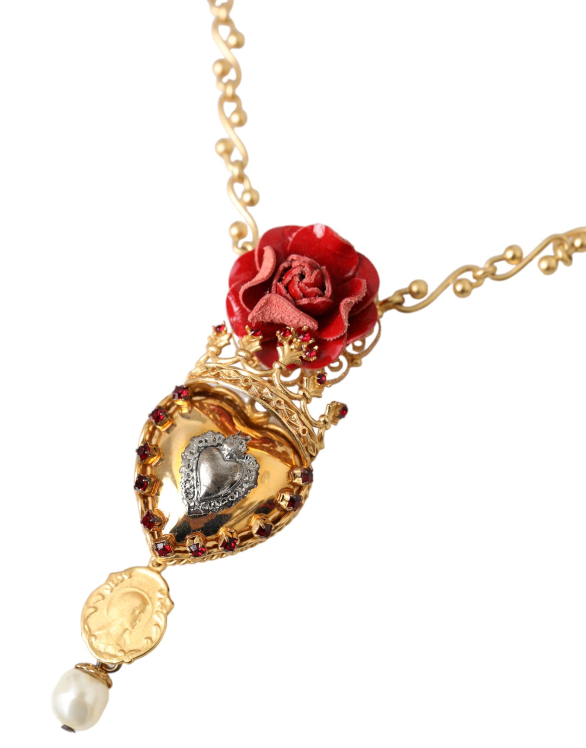 Dolce & Gabbana Brasschain Sacred Heart Rose Crystal Charm Gold Necklace Glam Steals