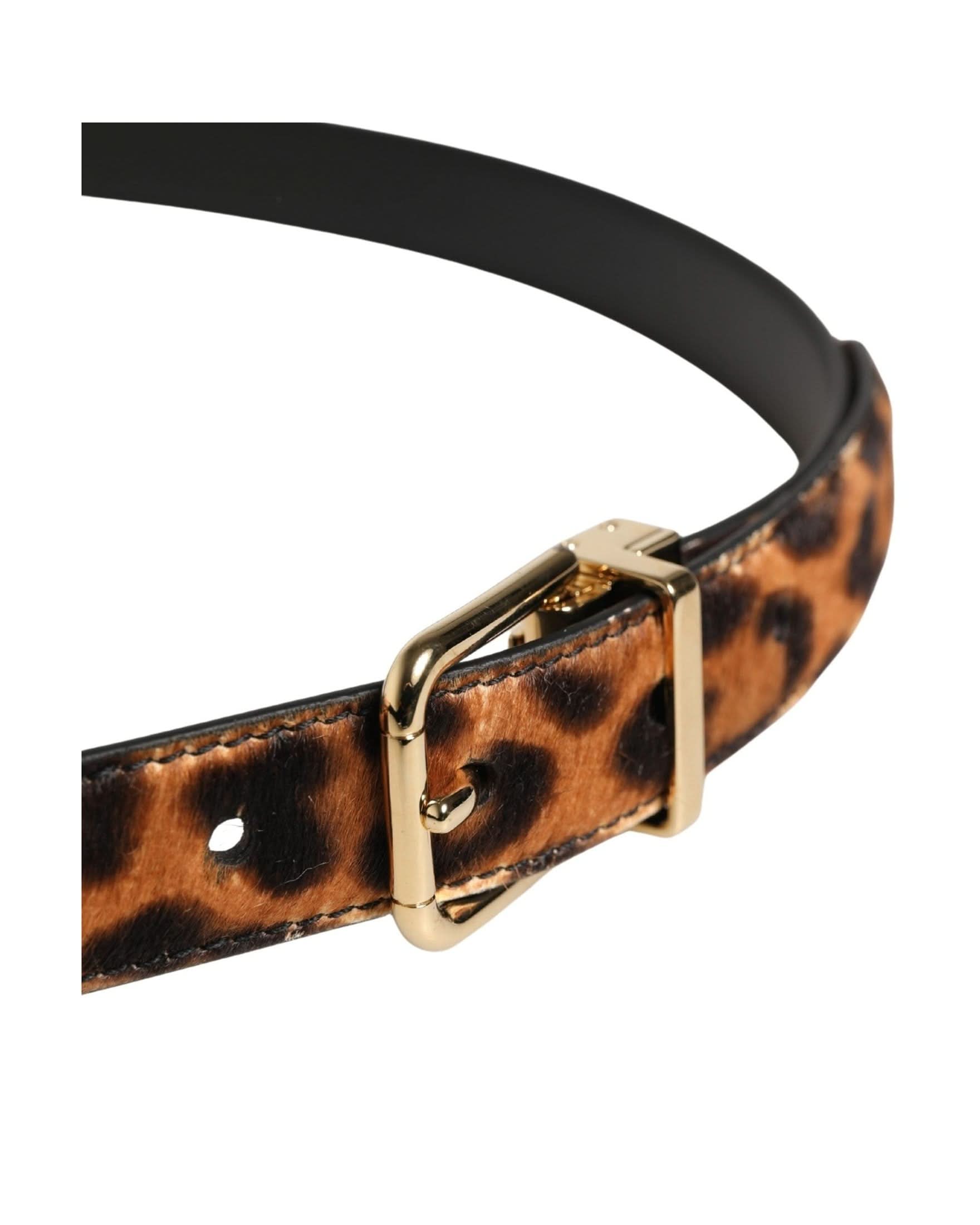 Dolce & Gabbana Brown Calf Fur Leopard Metal Buckle Belt 