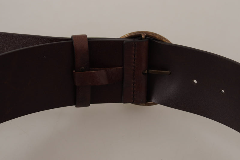 Dolce & Gabbana Brown Leather Dark Wide Waist Metal Round Buckle Belt Glam Steals
